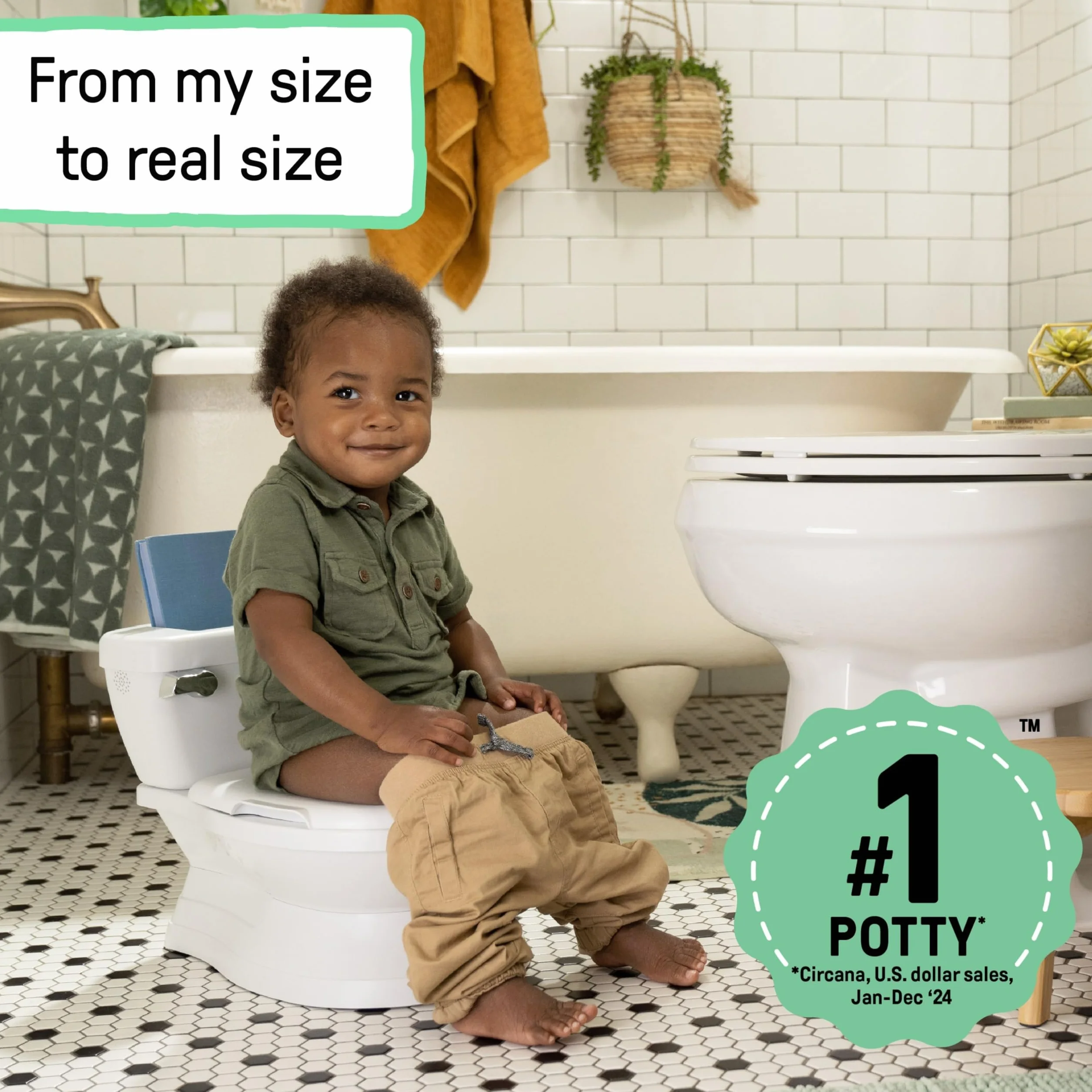 Ingenuity My Size Potty Pro, toaleta do nauki korzystania z nocnika dla niemowląt, realistyczny dźwięk spłukiwania, ochrona przed zachlapaniem, łatwa do czyszczenia, ze zdejmowaną miską