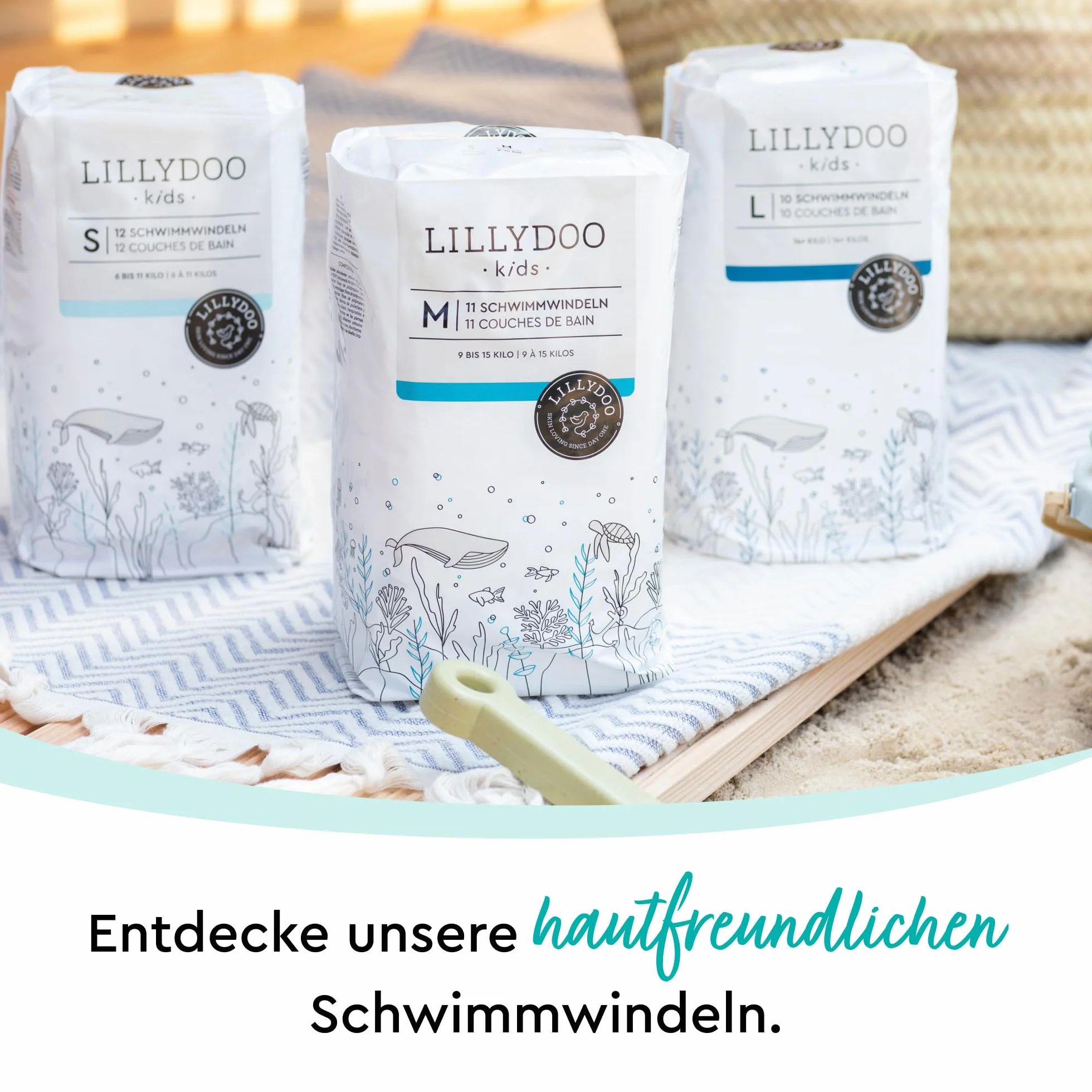 LILLYDOO Przyjazne dla skóry pieluchy do pływania dla niemowląt, rozmiar S (6-11 kg), 3 opakowania (36 sztuk) z 2 stylowymi wzorami