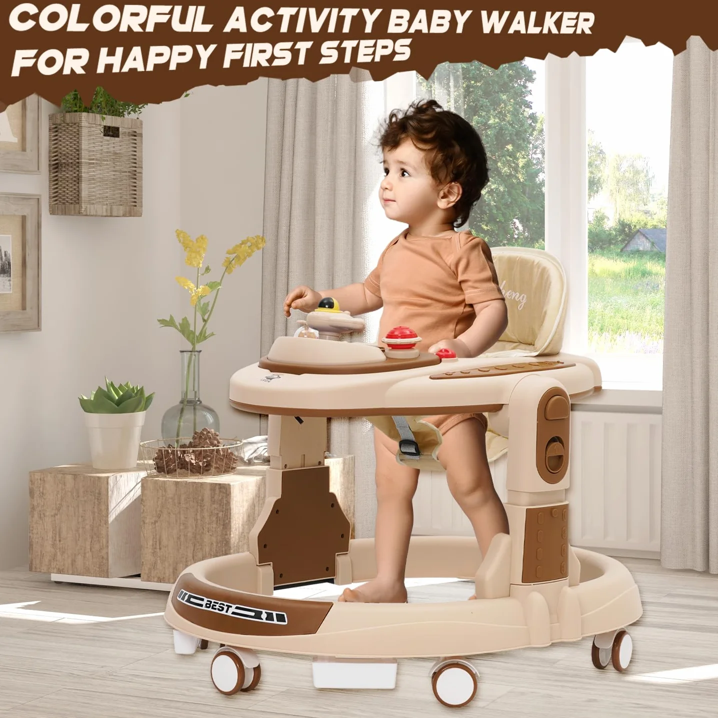 Pomoc do nauki chodzenia, Baby Walker 4-stopniowa regulacja wysokości z podpórką muzyczną i centrum zabaw, wózek do nauki chodzenia z cichymi kółkami 360°, wózek do nauki chodzenia dla dzieci w wieku