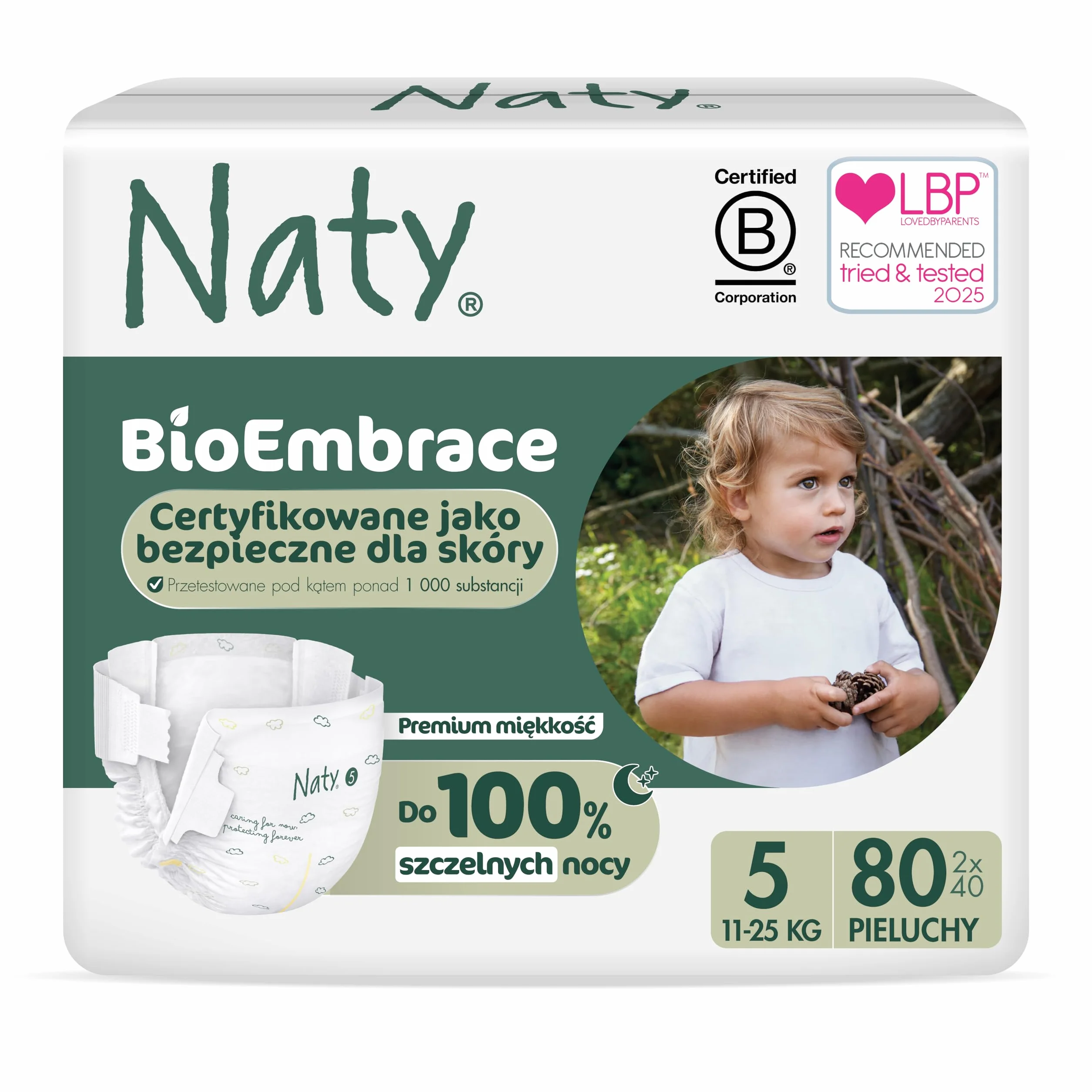 Naty BioEmbrace Pieluchy dla niemowląt | Certyfikowane bezpieczne dla skóry | Ochrona do 100% | Roślinna miękkość | Bez chloru | Rozmiar 5 (11–25 kg), 80 szt