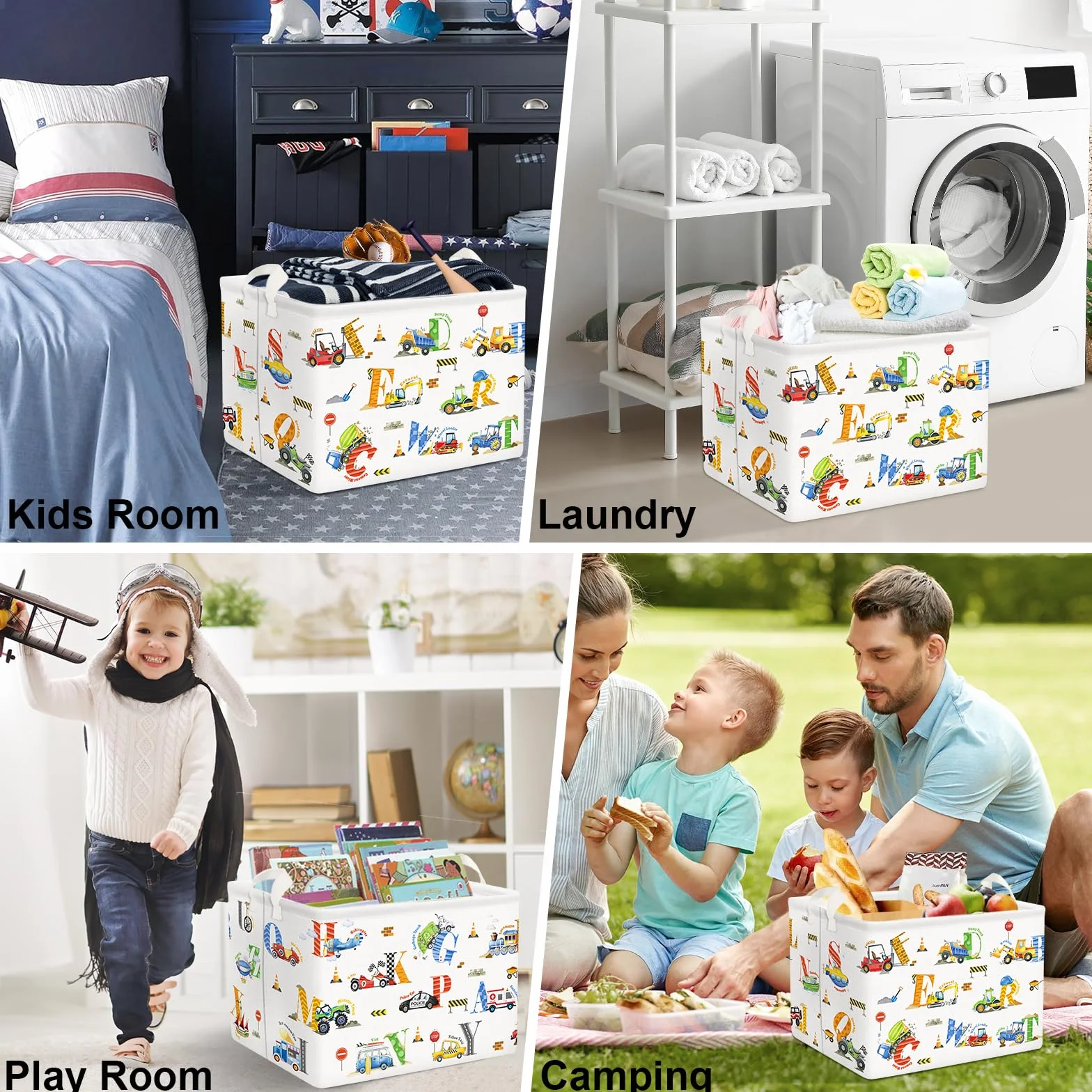 Clastyle 36 l, duża litera, pojazd budowlany, koparka, kosz do przechowywania z uchwytem, biały, prostokątny, zabawka, pudełko do przechowywania ubrań, do pokoju dziecięcego, łazienki