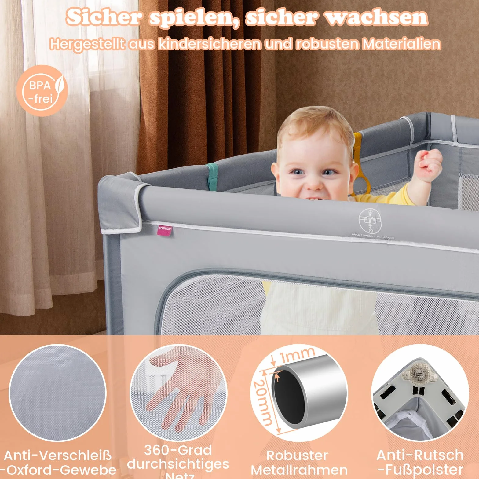 COSTWAY Kojec dla niemowląt, 150 x 150 cm, składany, kojec dla dzieci z 50 piłkami, 4 uchwyty i bramka z zamkiem błyskawicznym, kratka do raczkowania z oddychającą siatką i torbą do przenoszenia