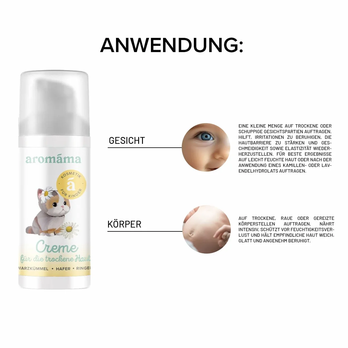 aromáma Dry Skin Cream dla niemowląt i dzieci, naturalny krem nawilżający do twarzy i ciała, do skóry wrażliwej, z nagietkiem, ekstraktem z owsa, pantenolem, olejkiem z czarnuszki i oleju rycynowego