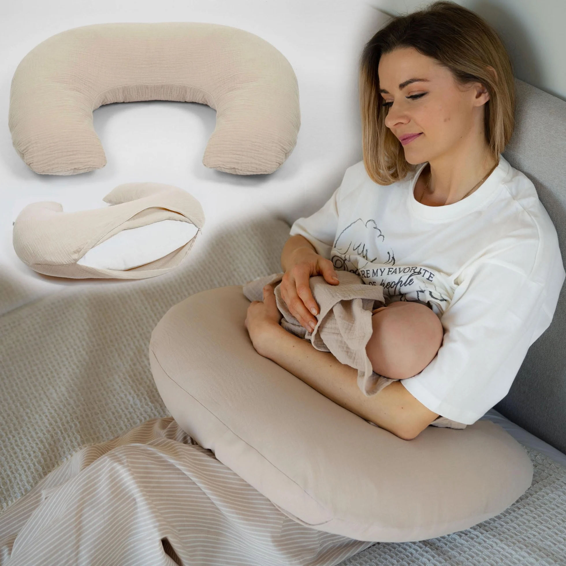 PaLulli® Muślinowa poduszka do karmienia piersią Pokrowiec na poduszkę do karmienia z 100% bawełny muślinowej - Poduszka do karmienia dla dziecka, Poduszka do karmienia w kształcie rogalika dla