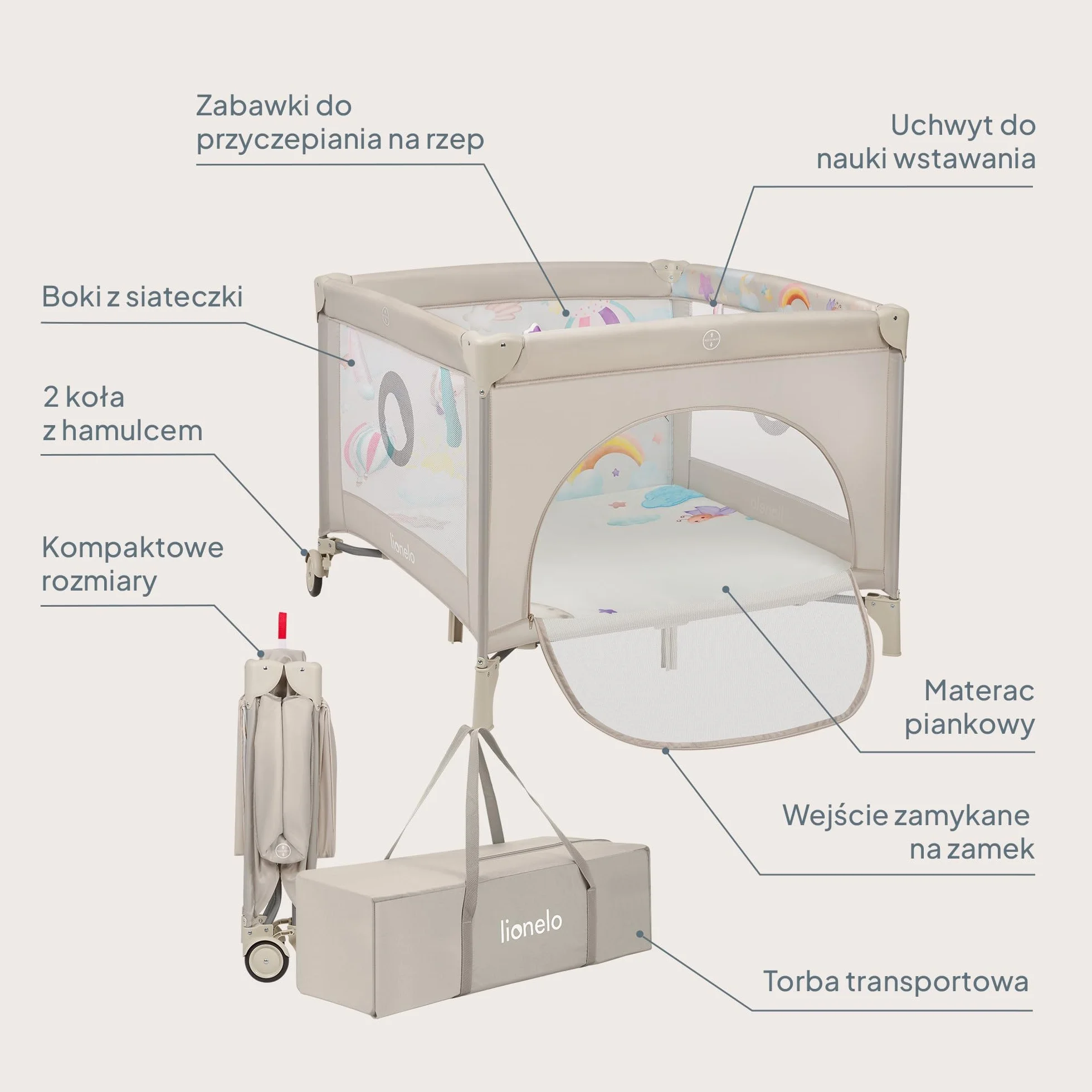 LIONELO Kojec dziecięcy 2 w 1 Łóżeczko Turystyczne Podróżne MILLE PLUS do 15 kg 0-36 miesięcy, Boczne Wejście, Materac 3D, 2 Koła z Hamulcem Łatwe Składanie, Torba Transportowa
