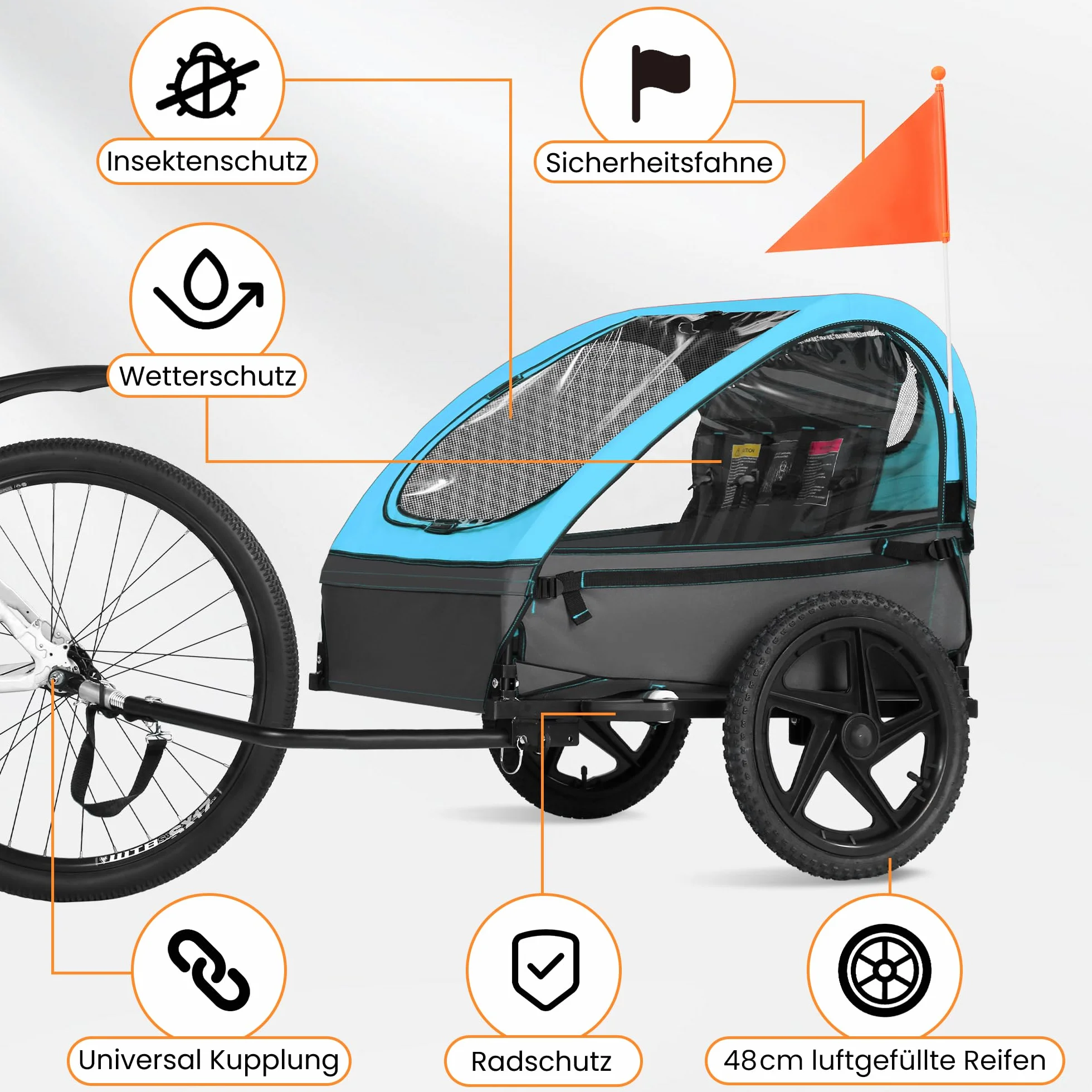 Przyczepa rowerowa dla dzieci 1-2 dzieci, ergonomiczne siedzisko, łatwy montaż, składana, z oponami pneumatycznymi i kieszeniami do przechowywania