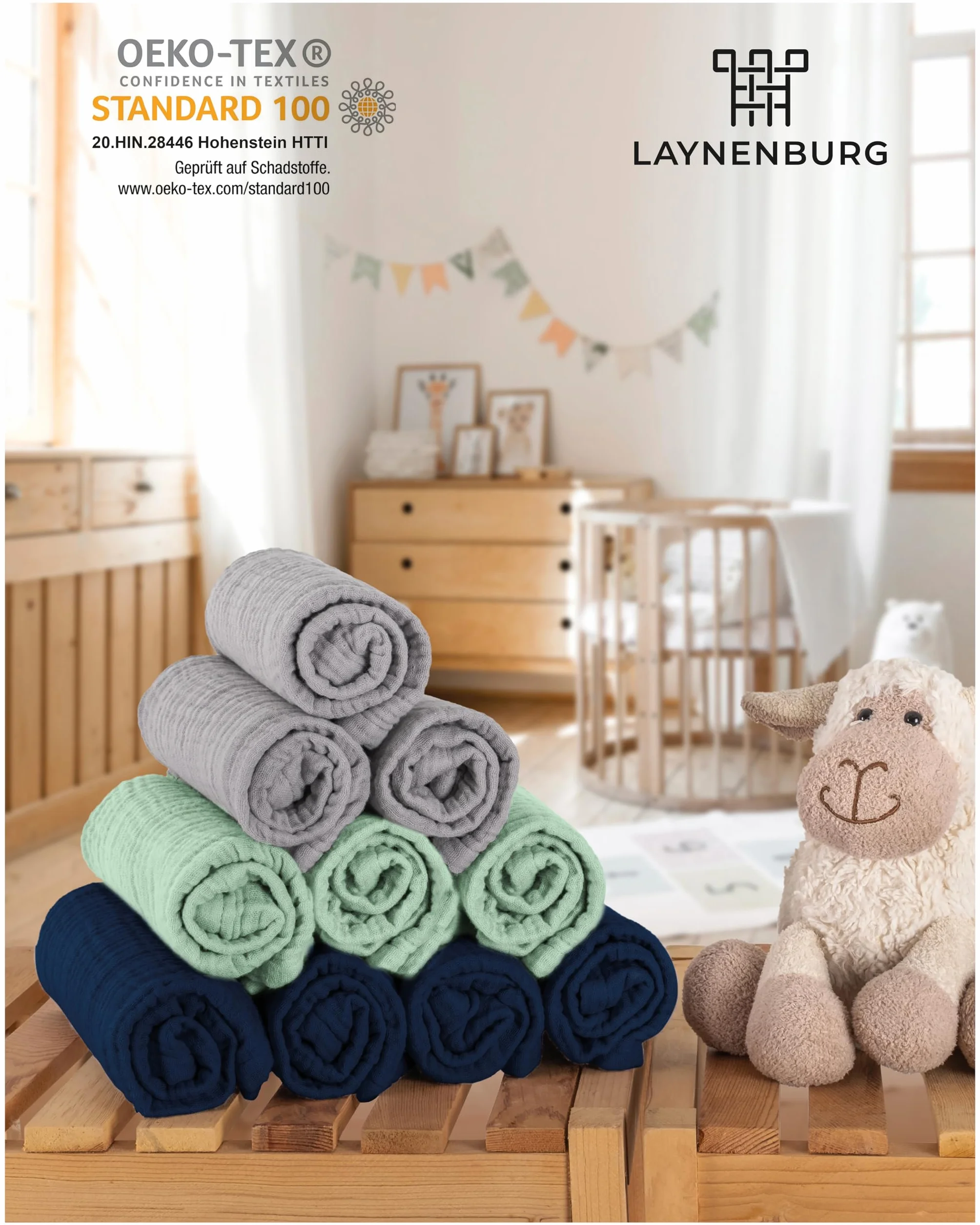 LAYNENBURG 10-częściowy zestaw ściereczek do ślinienia dla niemowląt z bardzo miękkiego muślinu – 100% bawełny – 30 x 50 cm – Oeko Tex 100 – muślinowe ściereczki do muślinu, pieluchy z muślinu lub