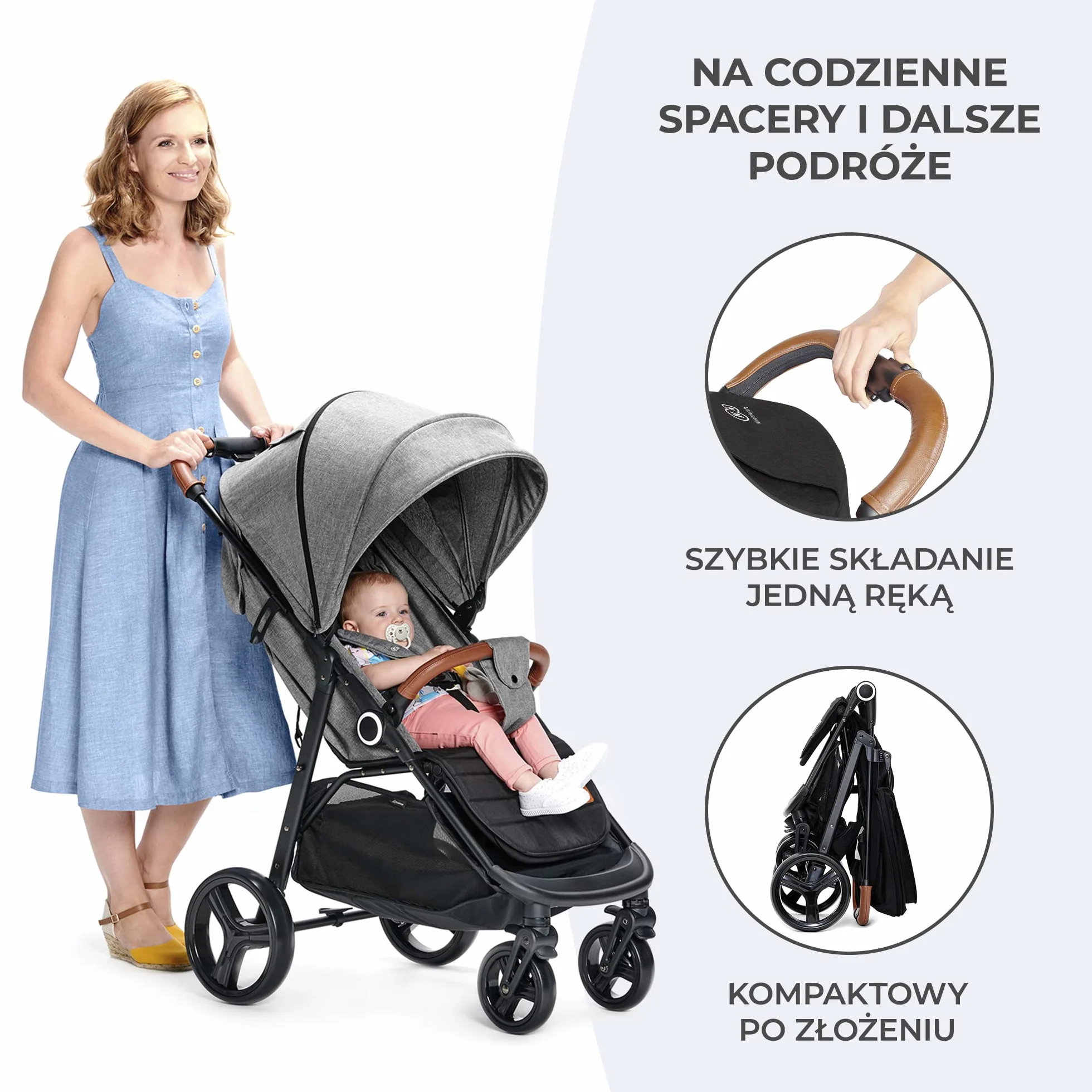 Kinderkraft GRANDE PLUS Wózek dziecięcy dla dzieci od urodzenia do 22 kg, Spacerówka, Regulowane oparcie do pozycji leżącej, Obszerne siedzisko, Składanie jedną ręką, Amortyzowane koła, Czarny