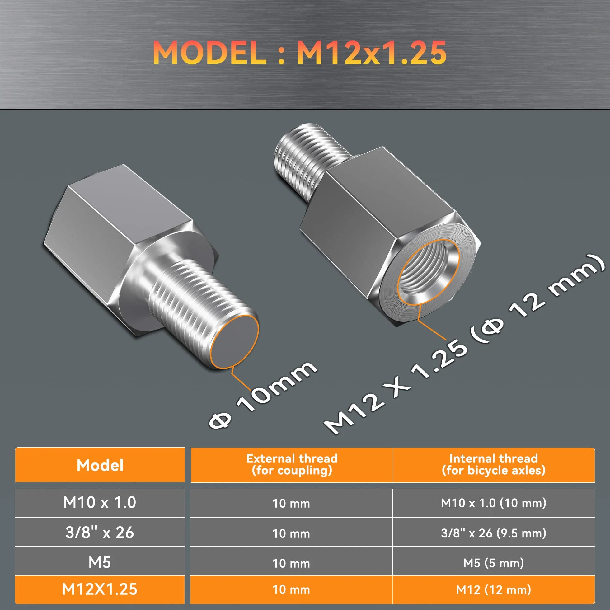 Adapter osi rowerowej do gwintu M12 x 1,25, odpowiedni do osi rowerowych o średnicy 12 mm i podziałce 1,25