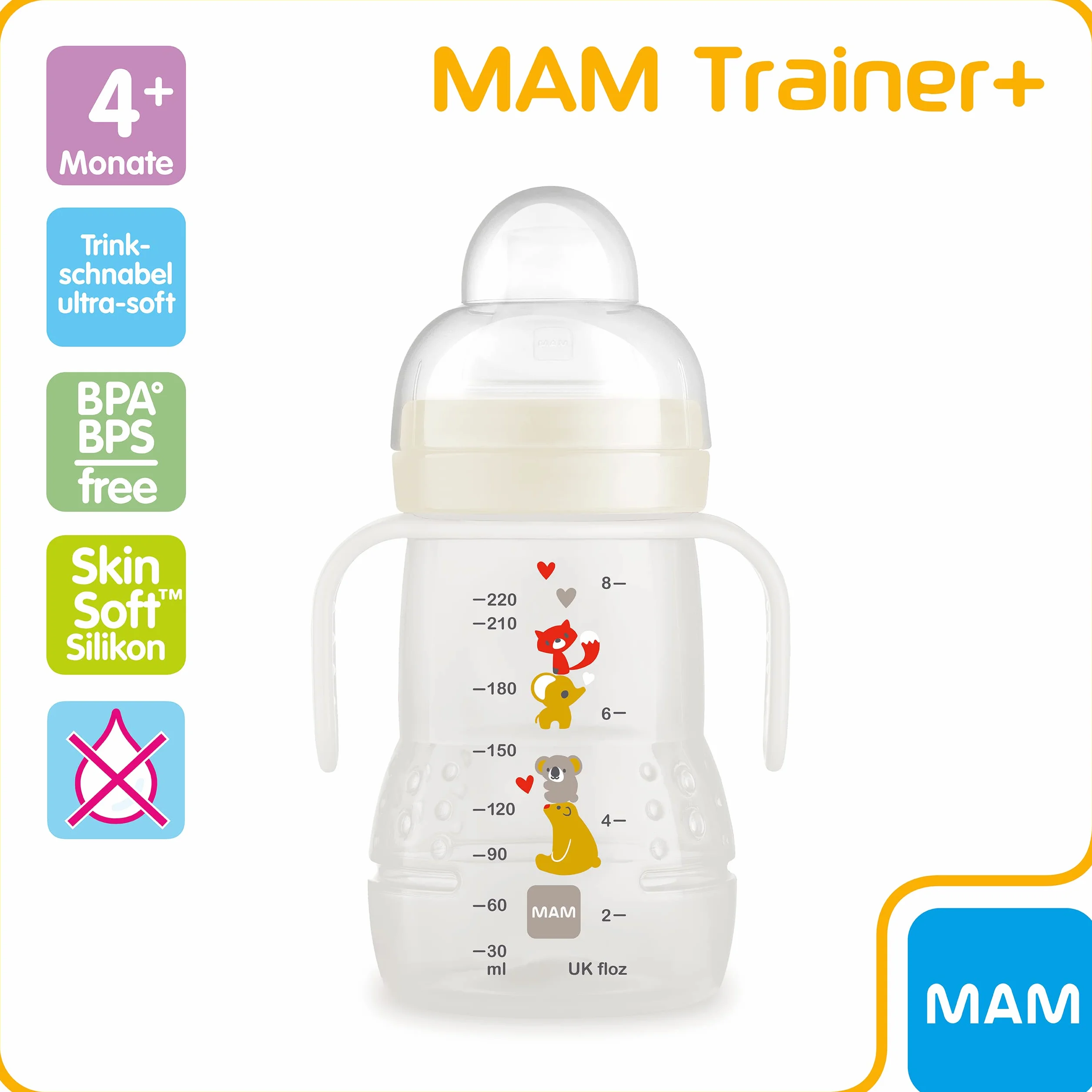 MAM Trainer+ (220 ml), butelka do nauki picia, do przejścia do kubka, kubek do nauki picia z przyssawką bez kapania, dzióbek i uchwytem, 4 miesiące, Koala