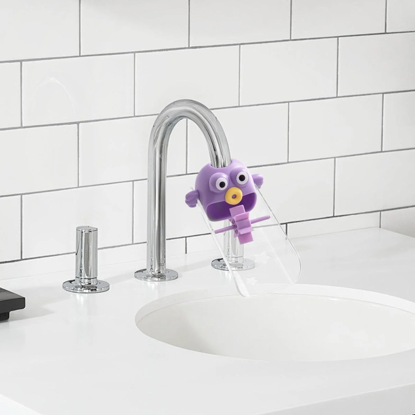 Cartoon Faucet Extension, Toddler Bath Tub Extender, 3.07x2.44x5.7 Inches Purple Orange Secure Compact Portable Tap Adapter, Decorative Sturdy Design Bathroom and Kitchen Use