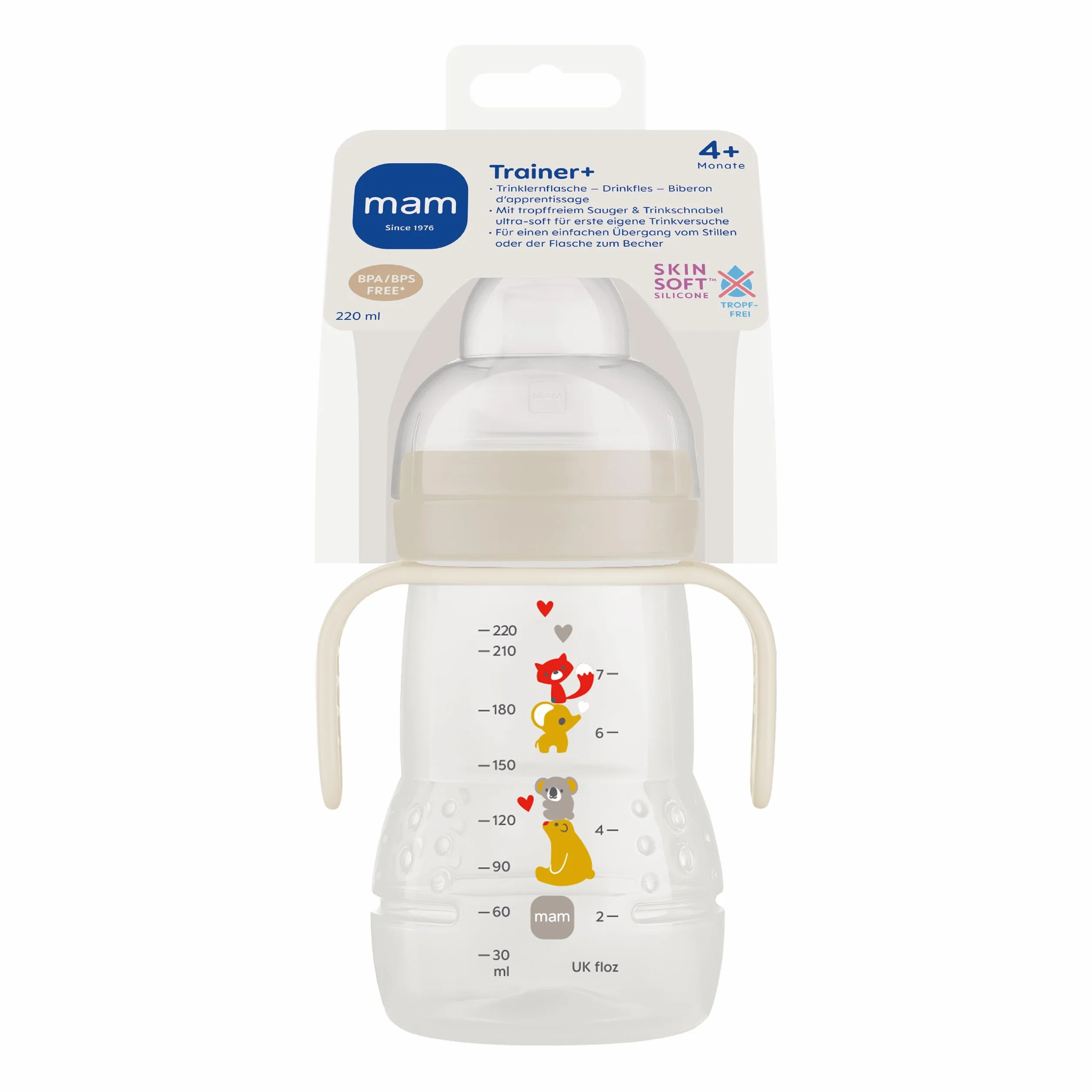 MAM Trainer+ (220 ml), butelka do nauki picia, do przejścia do kubka, kubek do nauki picia z przyssawką bez kapania, dzióbek i uchwytem, 4 miesiące, Koala