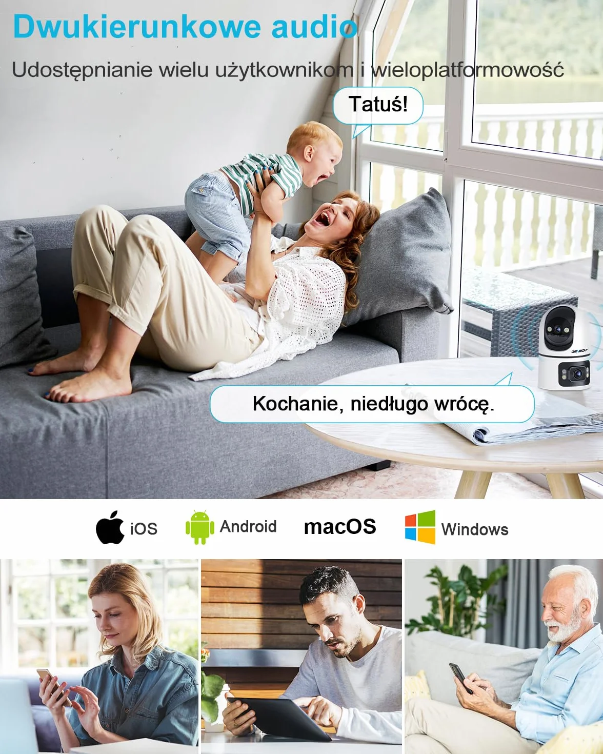GENBOLT Kamera Bezpieczeństwa Wi -Fi Wewnętrzna, 360° Podwójny Obiektyw Domowy Kamera IP CCTV z Wykrywaniem Humanoidalnym, Auto Cruise Niania Pet Cam, 2.4&5GHz Dual WiFi Monitor Dziecka