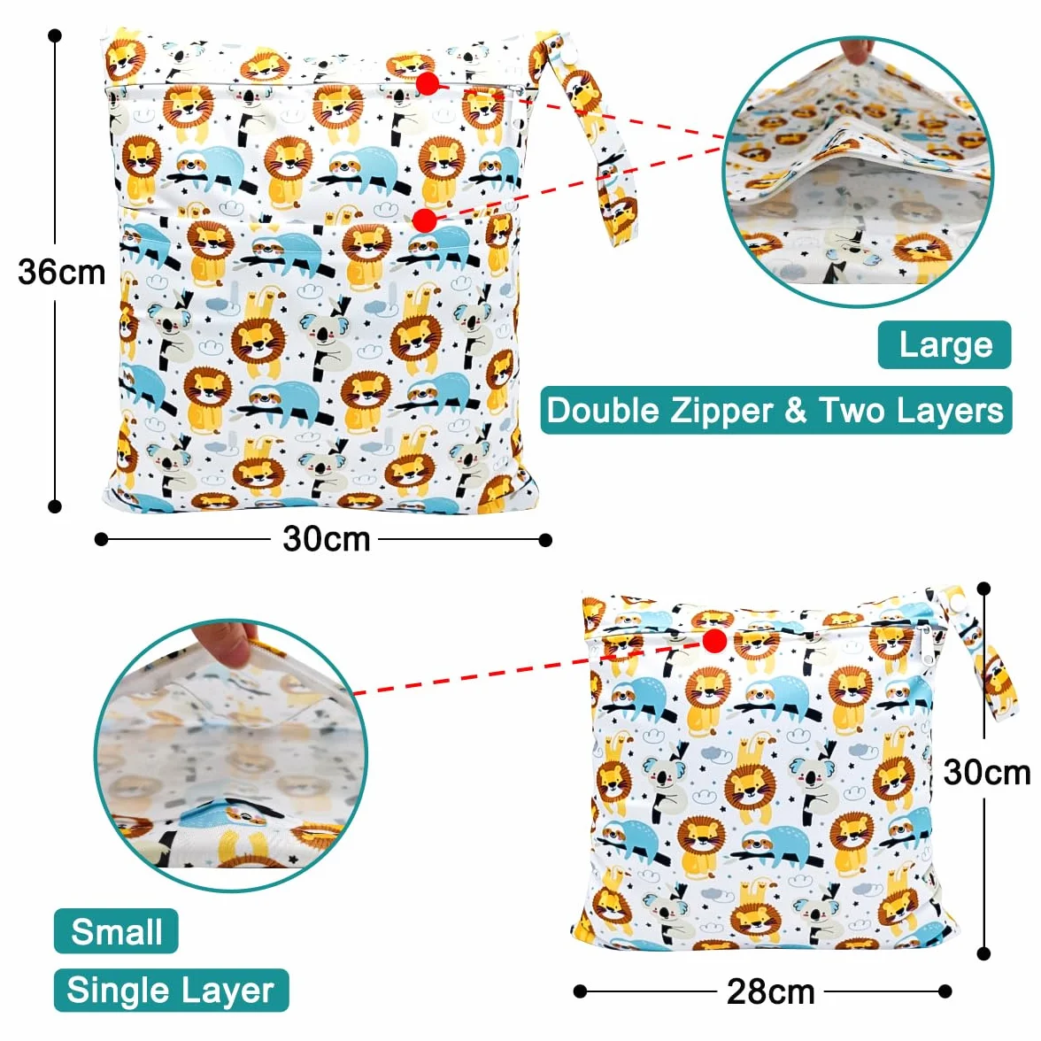 Wetbag, Torba na Pieluchy Wielokrotnego, 2 Pcs Organizerów na Pieluchy, Kieszeń na Mokro, Wodoszczelna Mokra Torba, Wet Dry Bag, Zmywalna na Siłownię Podróżną dla Niemowląt (Lew)