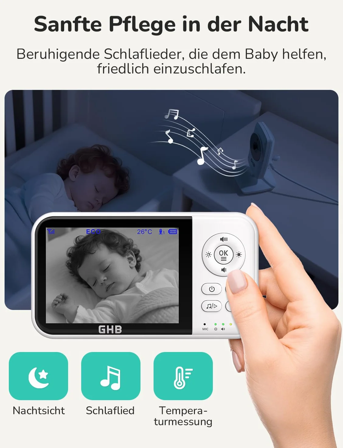 GHB Babyphone z kamerą, niania elektroniczna, 3,2-calowy wyświetlacz LCD, bateria 2100 mAh, 2-krotny zoom, czujnik temperatury, noktowizor, interkom