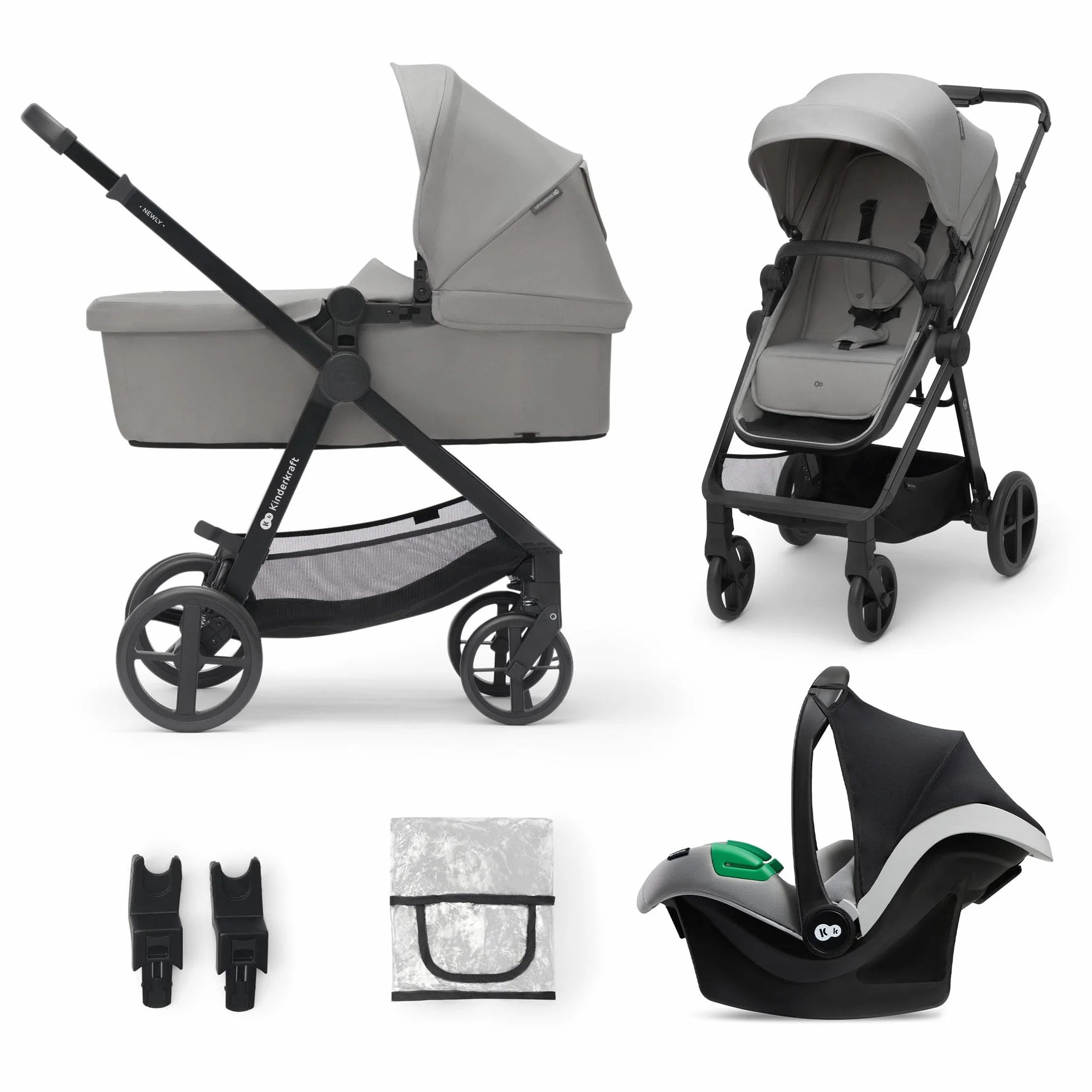 Kinderkraft NEWLY 3w1, wielofunkcyjny wózek dziecięcy, Travel System, funkcja spacerówki, fotelik samochodowy, akcesoria, regulacja oparcia, filtr UPF50+, lekki, od urodzenia do 22 kg, szary