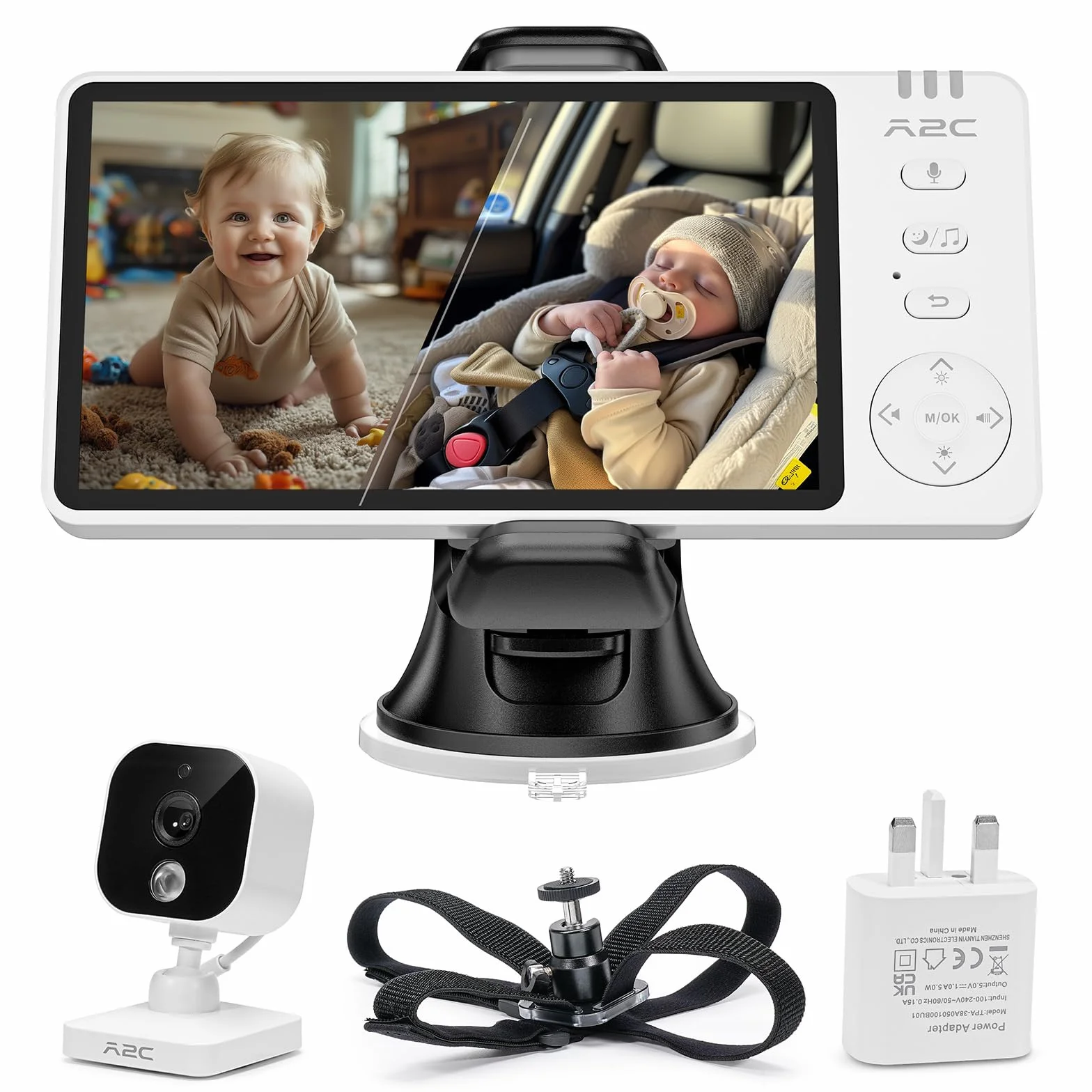 APPS2Car Elektroniczna niania 2 w 1, 5''1080p, kamera na tylne siedzenie, monitor dziecka z 2-drożnym dźwiękiem, widoczność w nocy na podczerwień, kontrola temperatury, łatwa instalacja, elektroniczna
