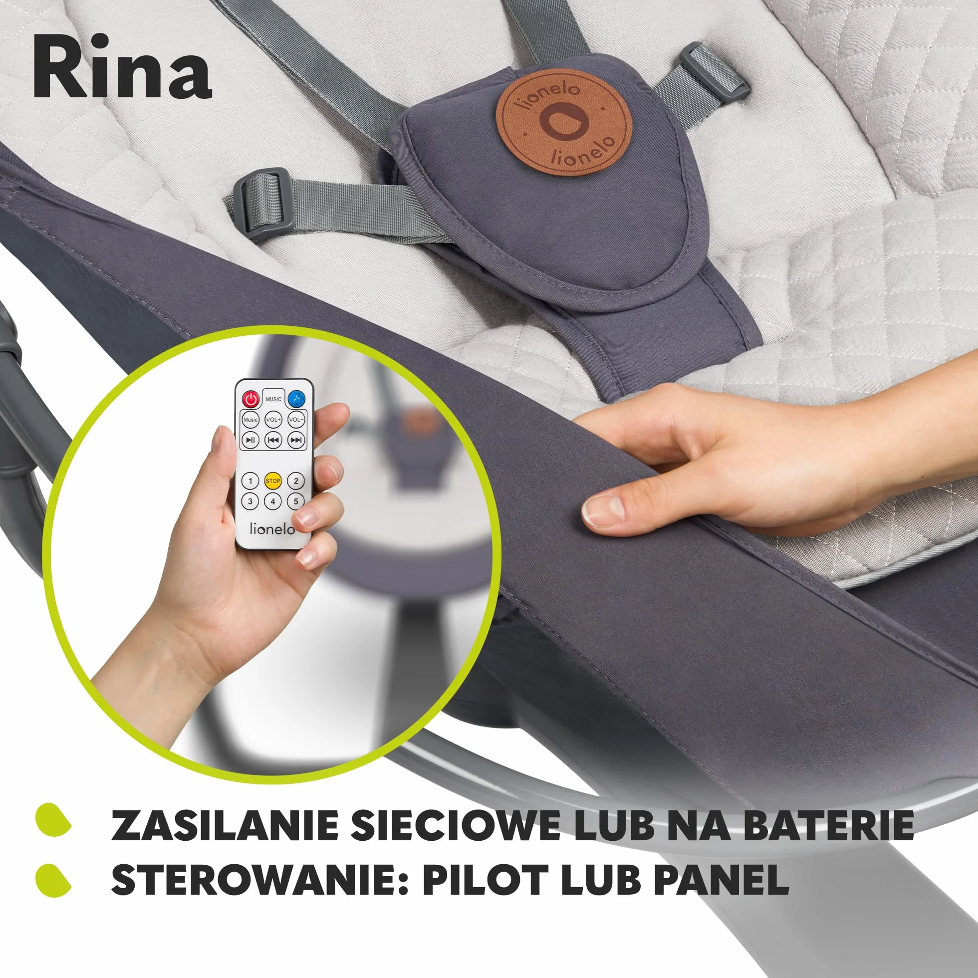 LIONELO Rina bujaczek i leżak 2w1, pilot, obrotowe siedzisko 360°, dwa kierunki bujania, 5 prędkości bujania, blokada, regulacja oparcia, timer, 12 melodii