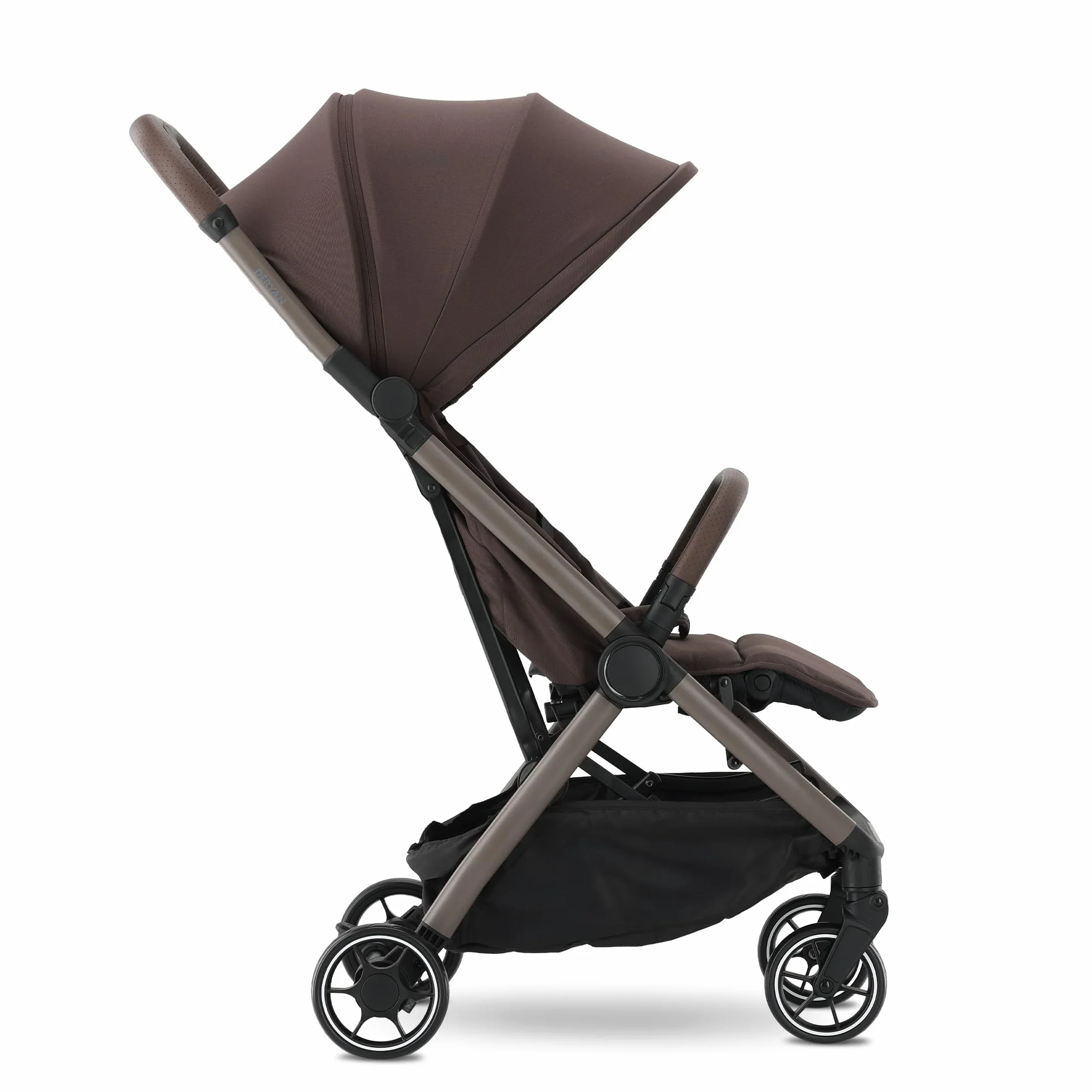 Deryan AIR Travel Buggy dla dzieci od urodzenia do 22 kg, 0-4 lata, z funkcją leżenia, ultralekki 8 kg, składany jedną ręką, UPF 50+, kosz do 5 kg (czekoladowy)