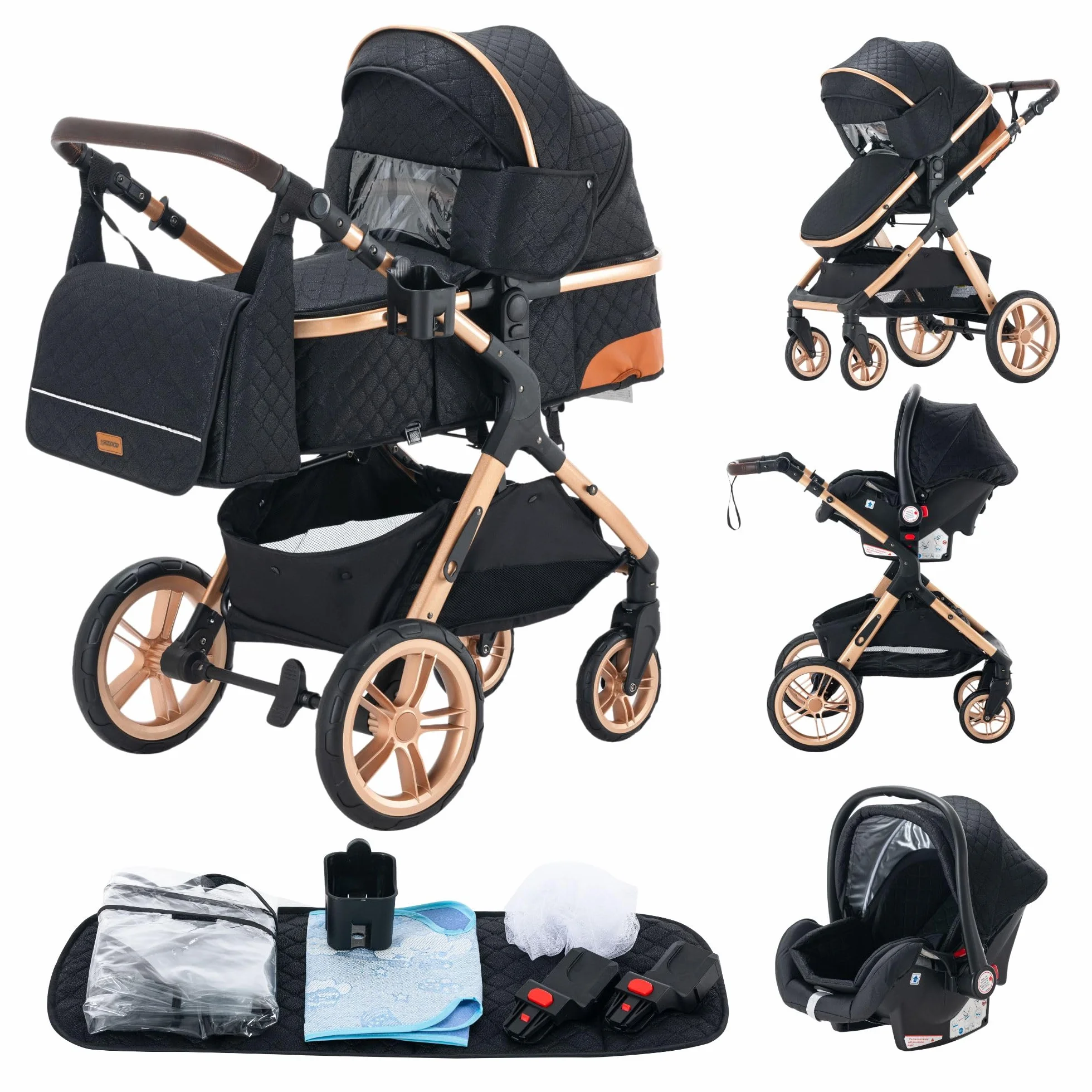 Wózek dziecięcy 3 w 1, wózek dziecięcy 3 w 1, wózek spacerowy, system podróżny, składane, gumowe opony, z akcesoriami, gondola, adapteurs, 25 kg (XX1 czarny)