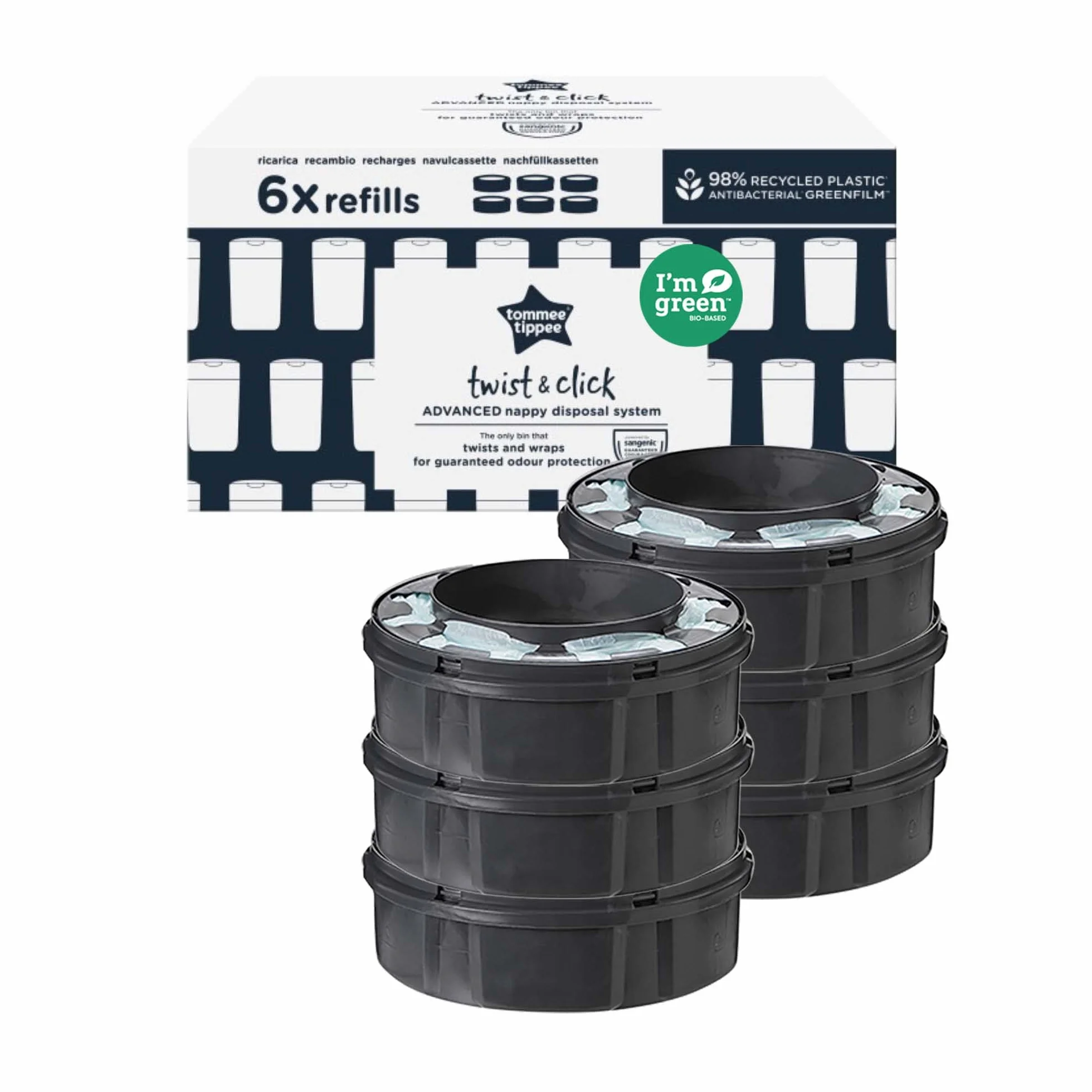 Tommee Tippee Twist & Click Advanced, Wkłady wymienne do kosza na zużyte pieluchy, z antybakteryjnej folii GREENFILM pozyskanej ze zrównoważonego źródła; 6 X Wkłady do kosza na pieluchy
