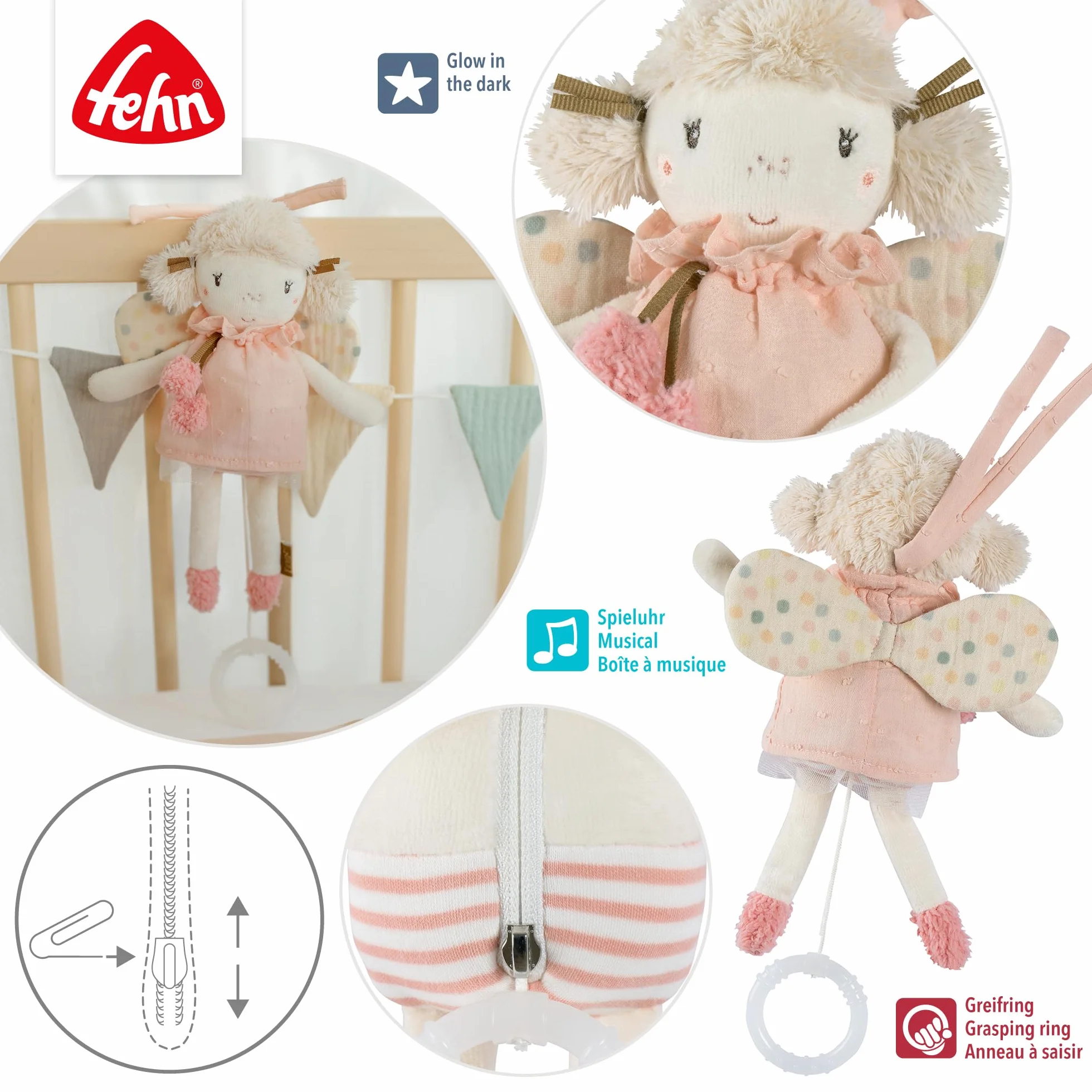 Fehn Mini-Spieluhr Fee – Kuscheltier & Einschlafhilfe: Aufzieh-Spieluhr mit sanfter Melodie „Schwanensee“ beruhigt in jeder Situation – für Babys und Kleinkinder ab 0+ Monaten
