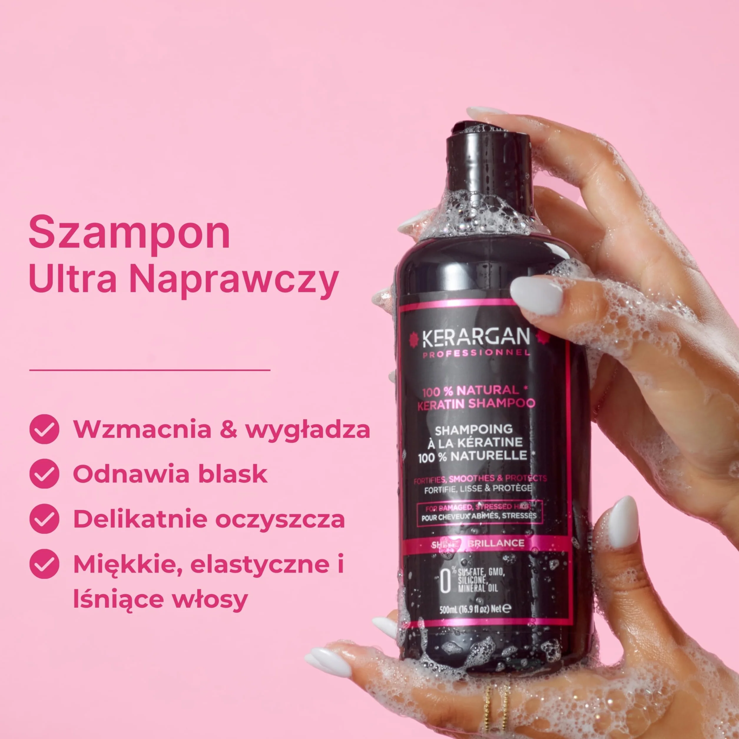 Kerargan - Szampon Ultra Naprawczy z Keratyną do Włosów Zniszczonych i Stresowanych - Wzmacniający, Wygładzający i Ochronny - Bez Sulfatów, GMO, Silikonu, Oleju Mineralnego - 500ml