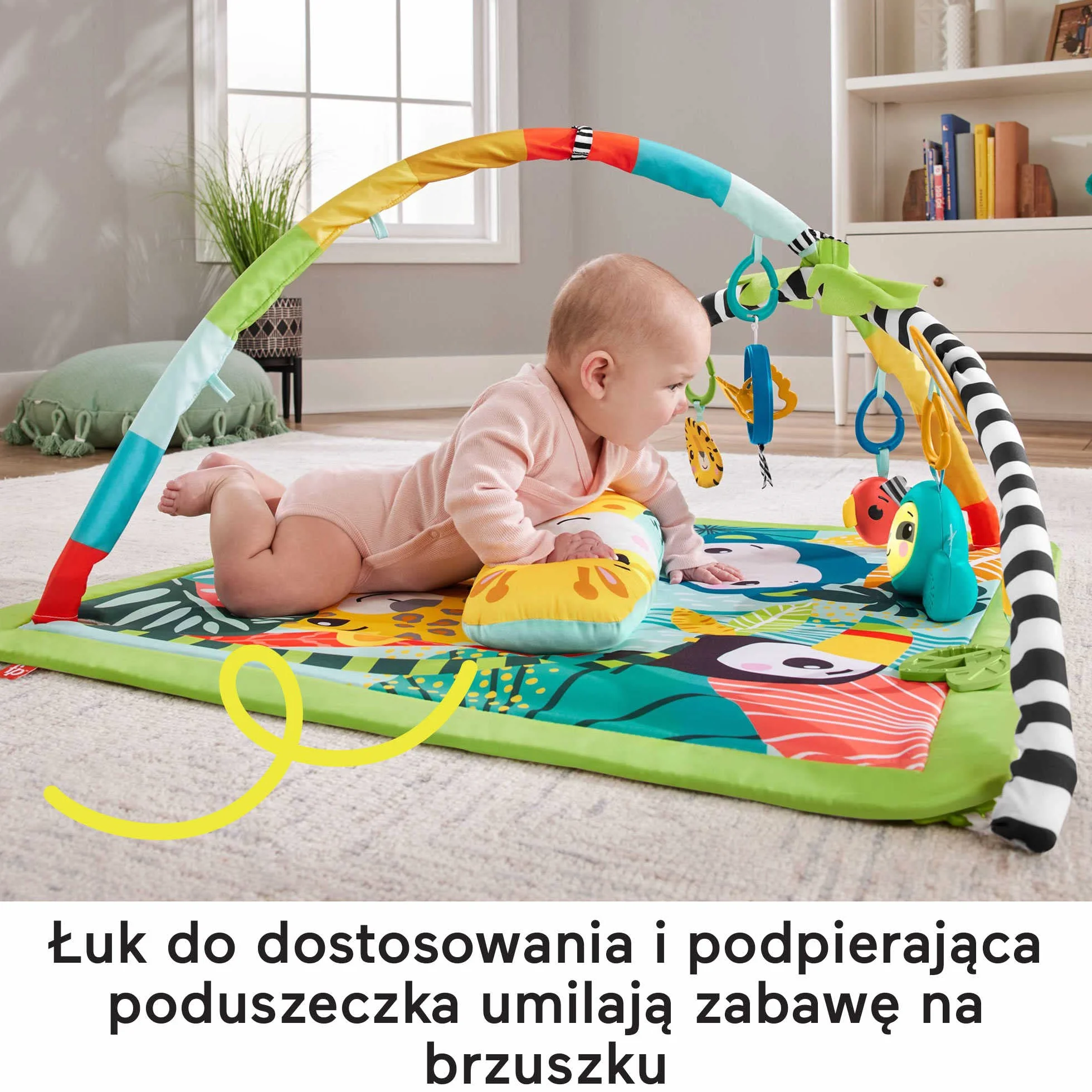 Fisher-Price Mata edukacyjna 3 w 1 Las tropikalny Mata do zabawy na brzuszku z 5 zabawkami sensorycznymi, światełkami, dźwiękami i łukiem do dostosowania, od noworodka po starsze dziecko, HJW08