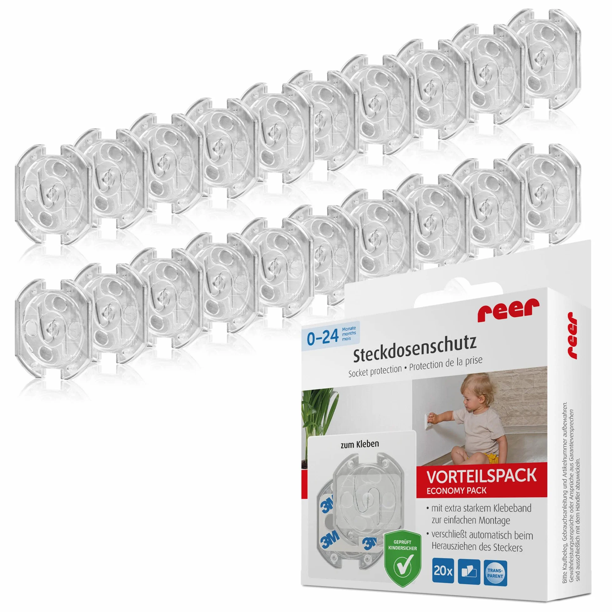 reer 32069 zestaw 20 przezroczystych ochraniaczy gniazdek elektrycznych do przyklejania