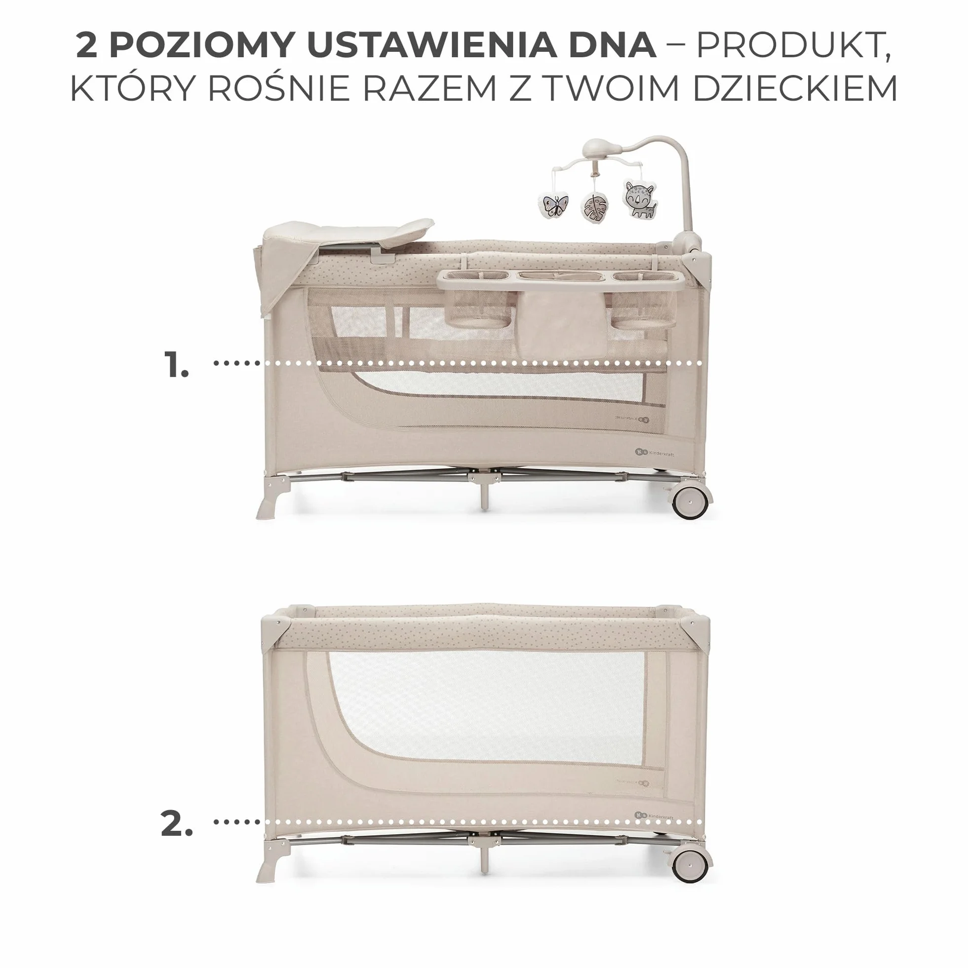 Kinderkraft JOY ACC 2 Łóżeczko turystyczne 3 w 1, Boczne wejście, Szybkie składanie i rozkładanie, Zabezpieczenie przed złożeniem, Kółka i torba ułatwiające transport, Pałąk z zabawkami, Beżowy