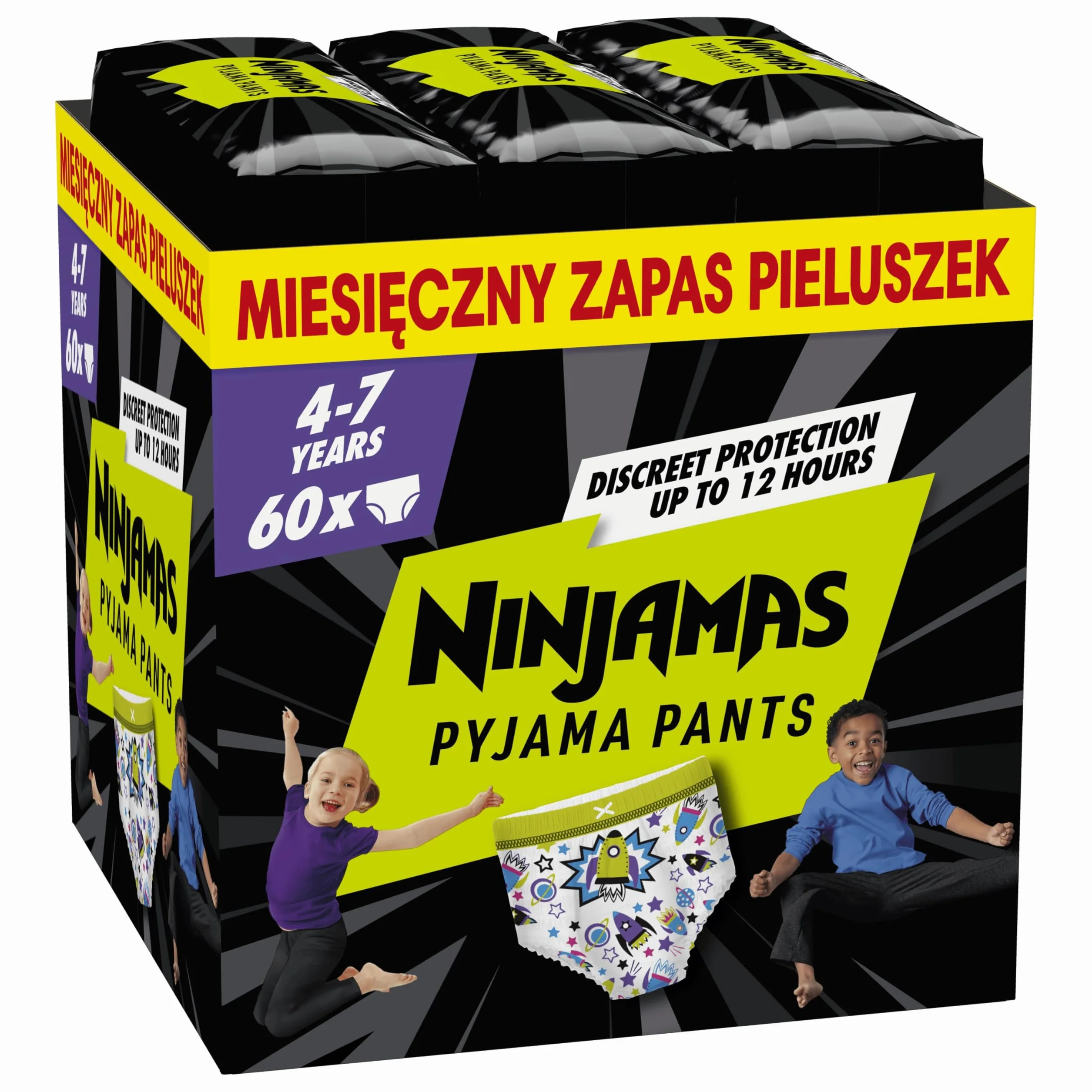 Ninjamas Statki kosmiczna chłonna bielizna na noc, 60 pary pieluchomajtek, 7 lata, 17kg-30kg, ochrona przed przeciekaniem przez całą noc