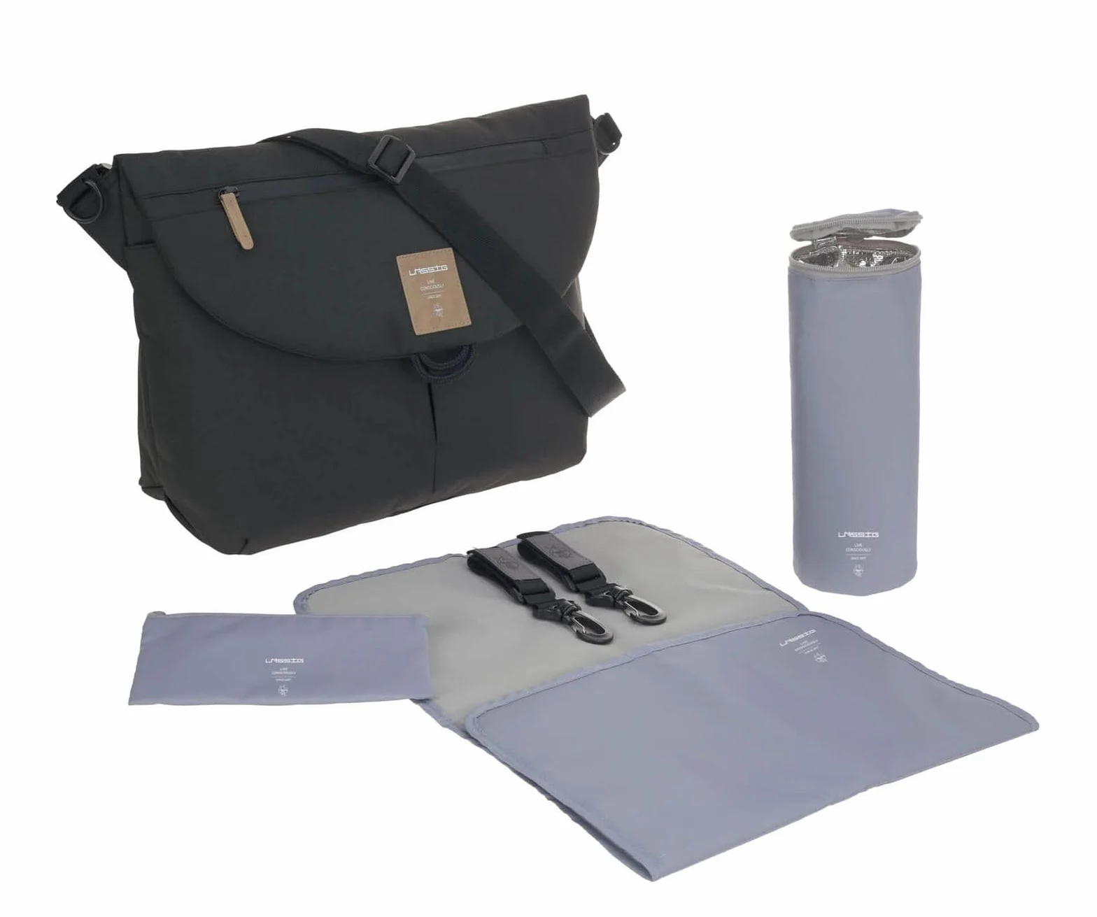 LÄSSIG Torba do przewijania niemowląt z akcesoriami/zieloną metką Manu Messenger Bag czarna