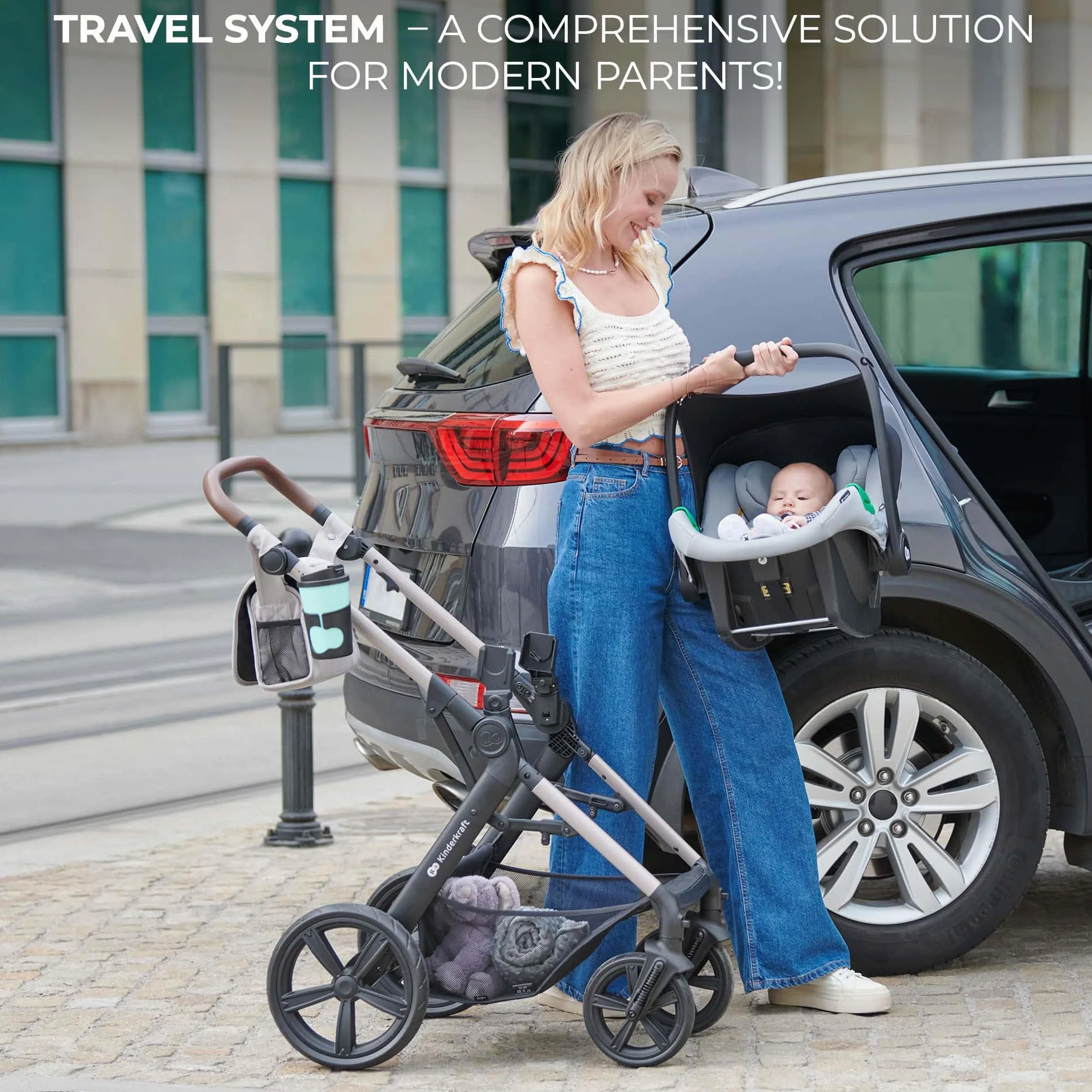 Kinderkraft MOOV 2 3 w 1 fotelik samochodowy, Mink PRO I-Size, system podróżny, wózek dziecięcy, krzesło spacerowe, składane, dla noworodka, od urodzenia do 3 lat, Czarny