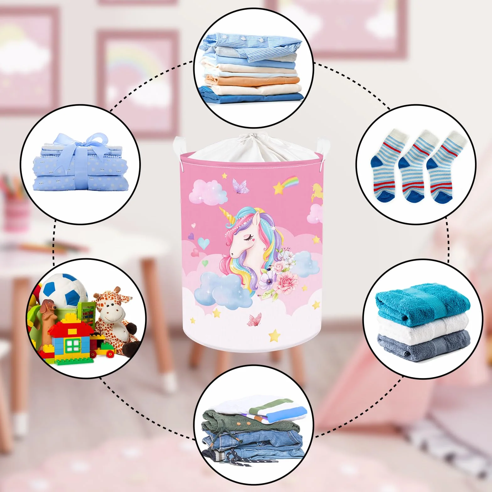 Clastyle 45L Kosze Pościel Jednorożec Rainbow Chmura Księżyc Gwiazdy Kwiat Kosz Zabawki Różowy Okrągły Okrągły Składany do Pokoju Dziecięcego, 36x45 cm, CTS0186