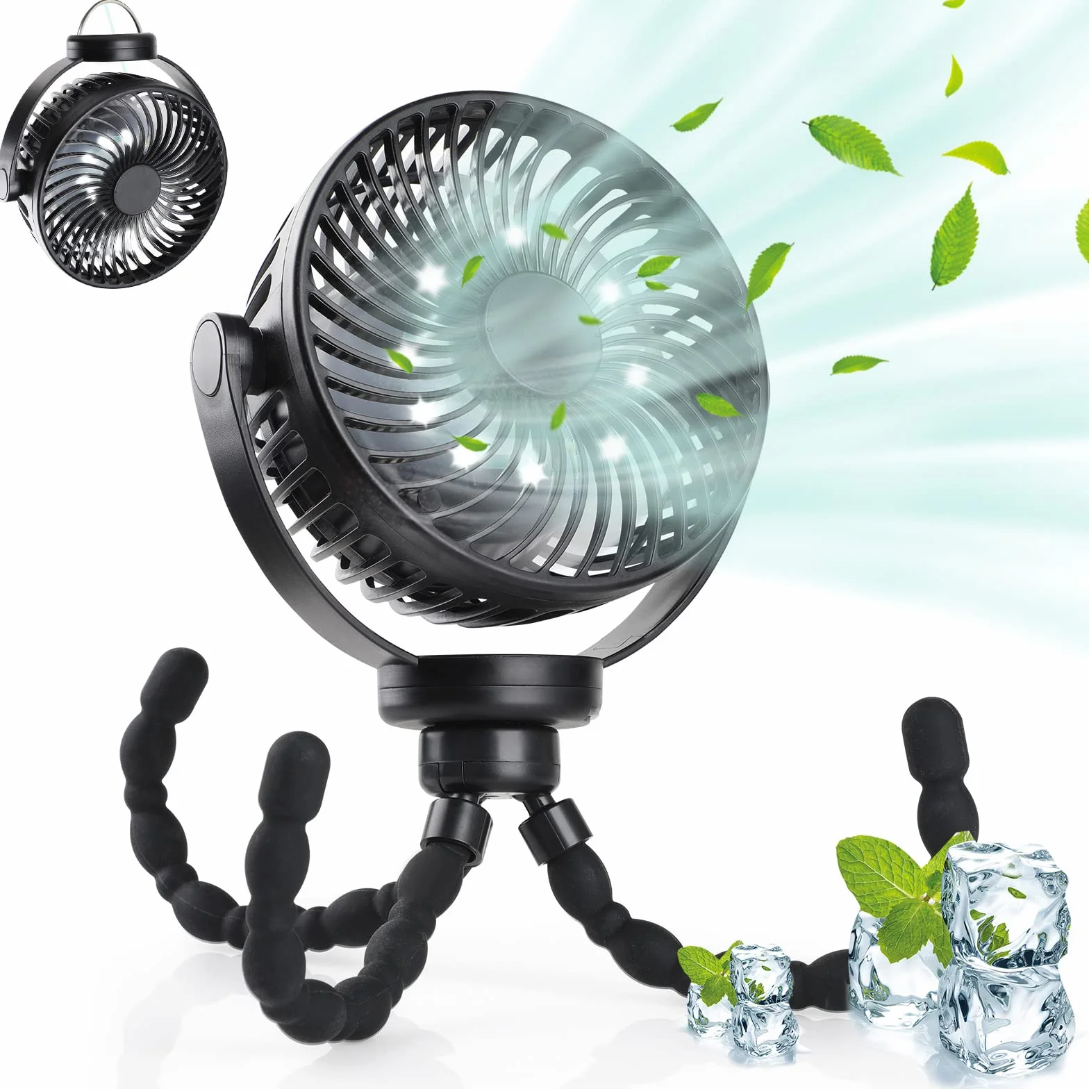 Hianjoo Wentylator do wózka dziecięcego z oświetleniem LED, 5200 mAh, mały wentylator biurkowy, wentylator kempingowy, obracany o 360°, przenośny, do wielokrotnego ładowania, do namiotu, domu, biura