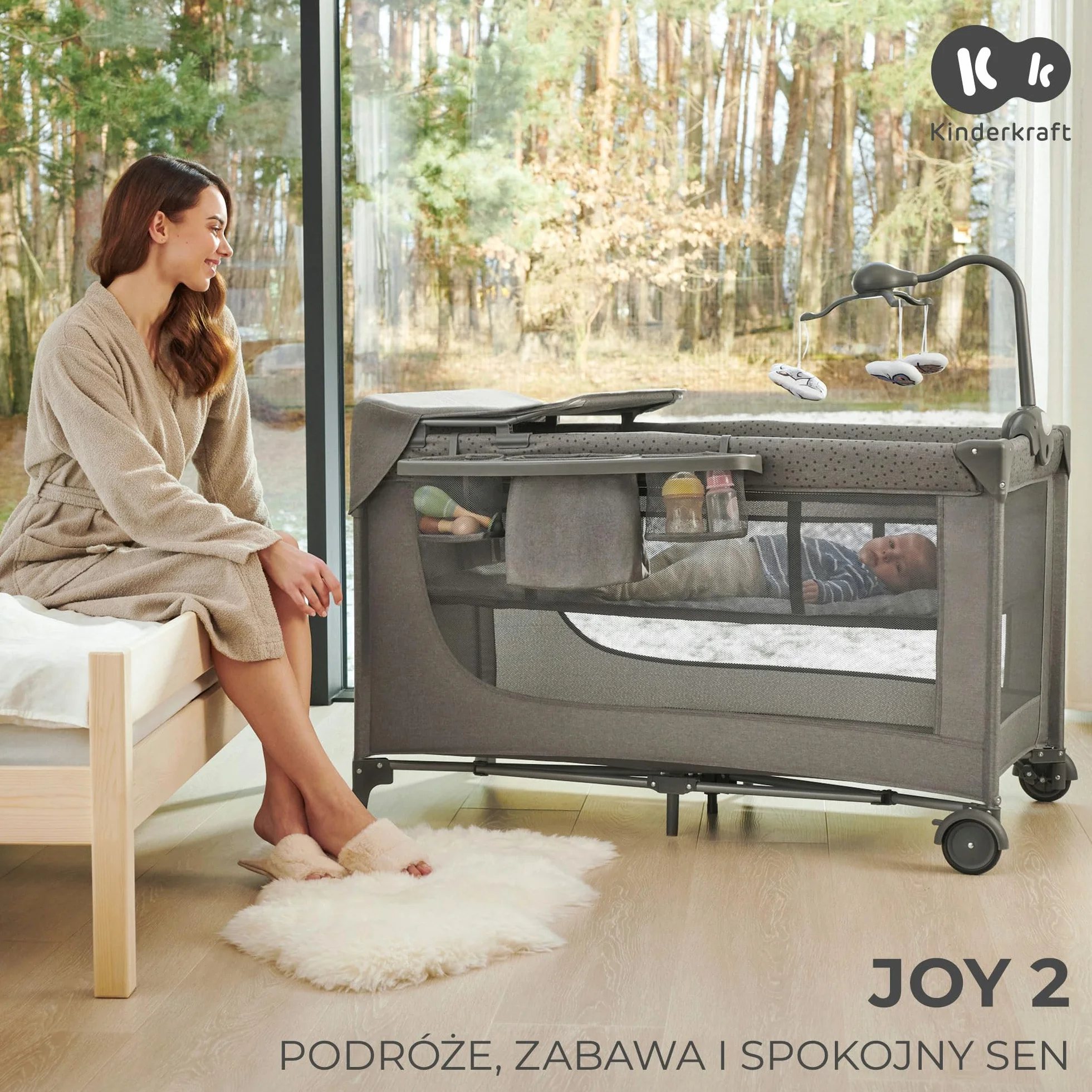 Kinderkraft JOY ACC 2 Łóżeczko turystyczne 3 w 1, Boczne wejście, Szybkie składanie i rozkładanie, Zabezpieczenie przed złożeniem, Kółka i torba ułatwiające transport, Pałąk z zabawkami, Beżowy