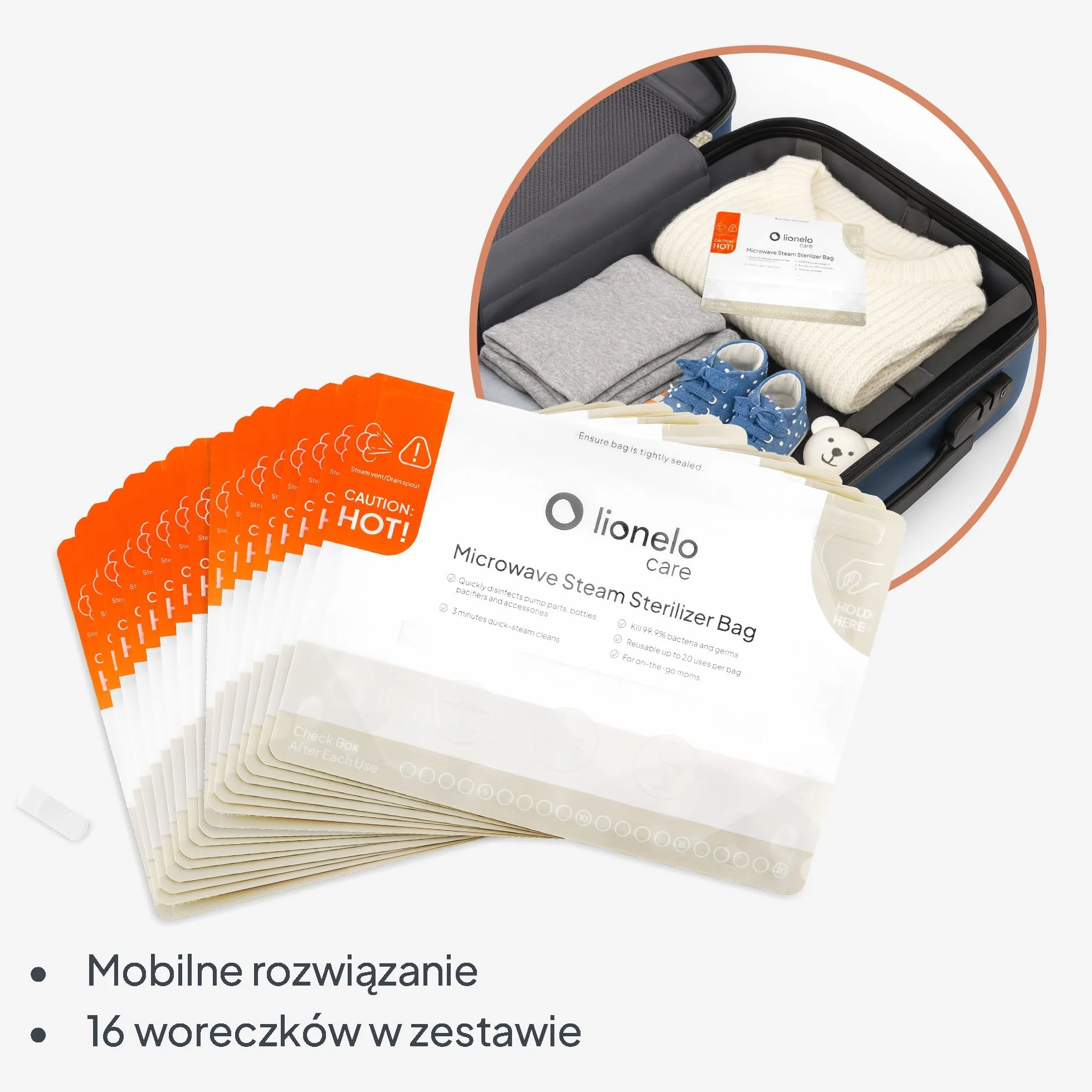 Lionelo Torebki do Sterylizacji Parowej ThermBag do Mikrofalówki, Sterylizator do Butelek dla Niemowląt, Smoczków, Laktatora, Podróżny, Woreczki 16 szt. Wielorazowe