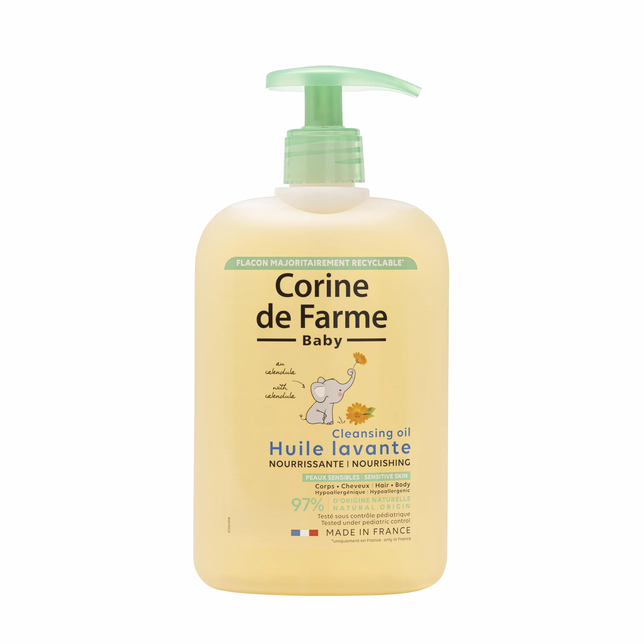 Corine de Farme, Odżywczy olejek do mycia dla niemowląt, 500 ml, ekstrakt z nagietka, hipoalergiczny, łagodny do czyszczenia skóry suchej i bardzo suchej, odpowiedni dla włosów, 97% naturalnych