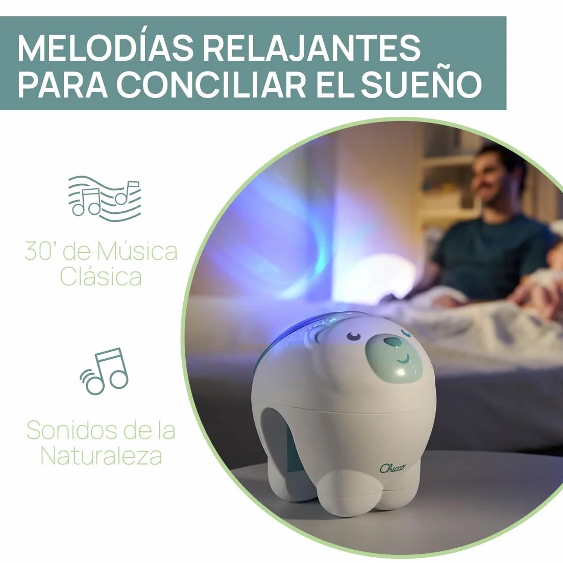 Chicco Projektor 2w1 z Misiem Polarnym, do Łóżeczek i Stolików Nocnych Next2Me, Projekcja Magicznej Zorzy Polarnej, 30 Minut Muzyki Klasycznej, Dźwięki Natury, Konfigurowalne Funkcje, 0 Miesięcy +