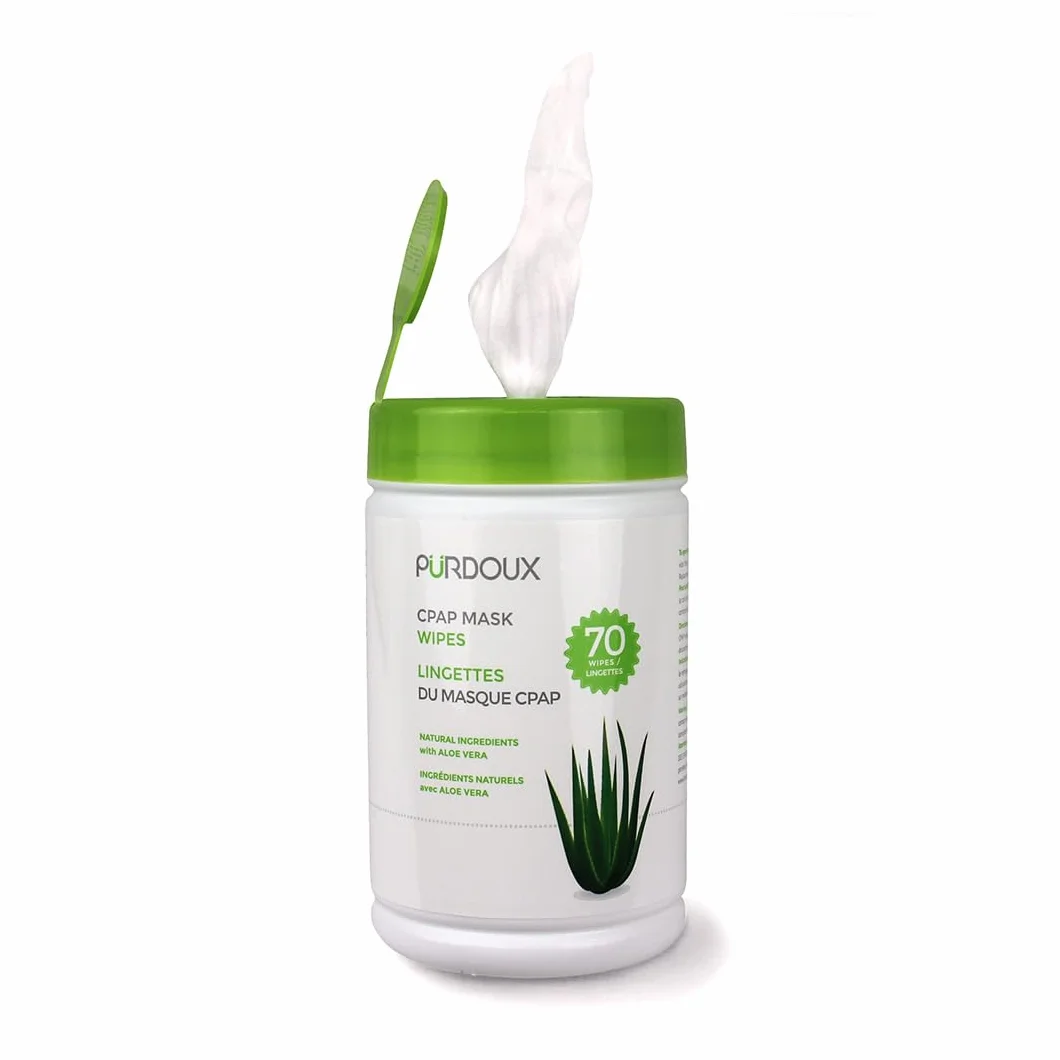 PÜRDOUX ™ CPAP maska chusteczki, aloes, kanister 70 chusteczek nawilżanych