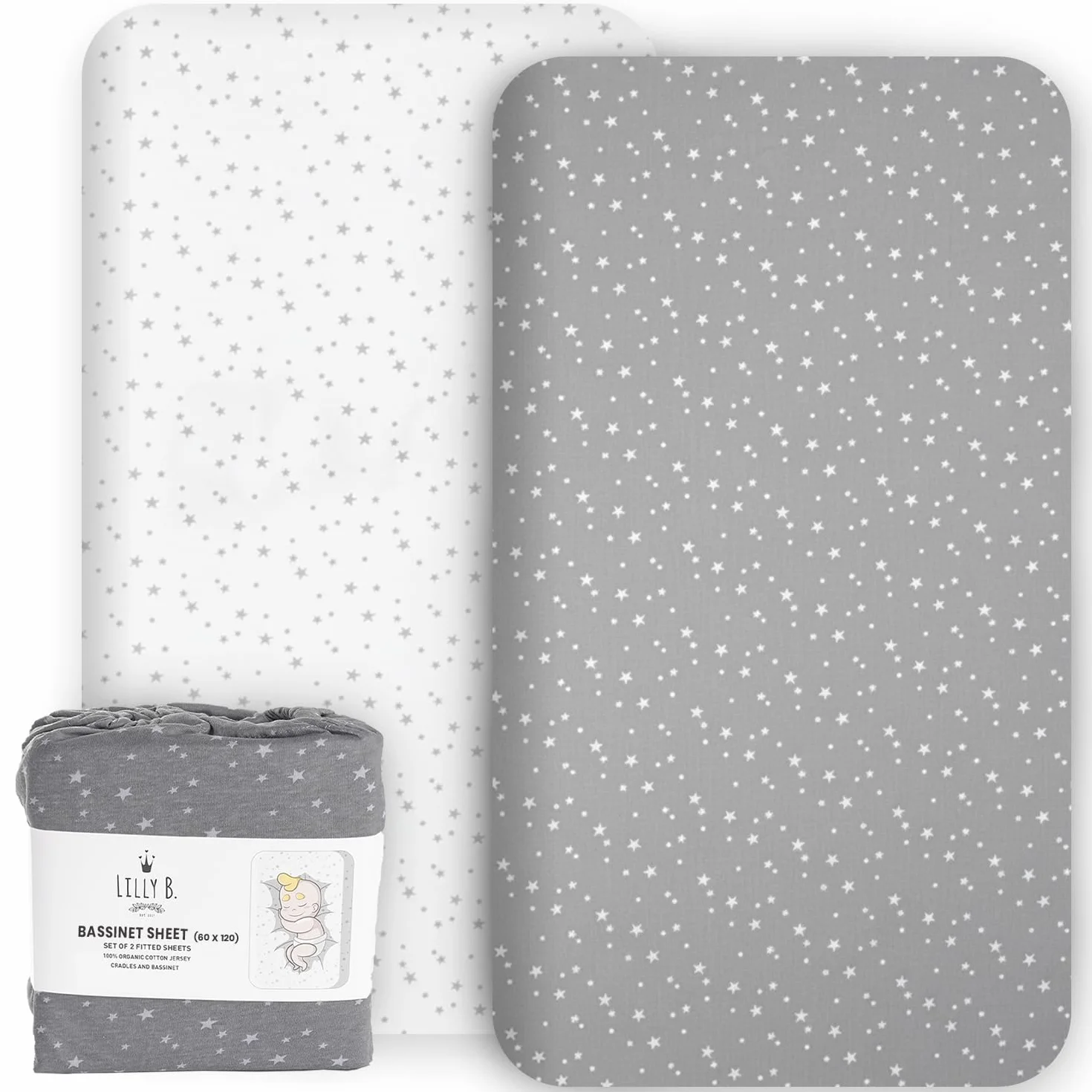 GOTS 2 prześcieradła z bawełny organicznej 120 x 60 cm, kompatybilne z Next2me, Snuzpod i wszystkimi łóżeczkami nocnymi, mini łóżeczka do 120 x 60 cm, opakowanie 2 arkuszy.