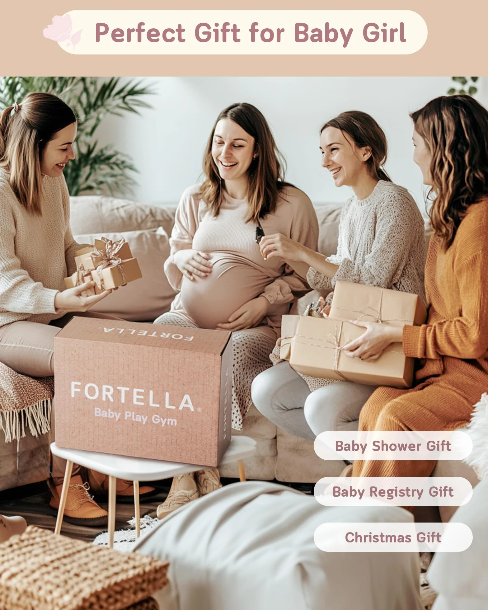 Fortella Gimnazjum dla dzieci, mata do zabawy z 5 sensorycznymi zabawkami, lusterkiem i poduszką - idealna dla dziewczynek, idealny prezent do rozwoju dziecka 0-3-6-9-12 miesięcy (różowy)