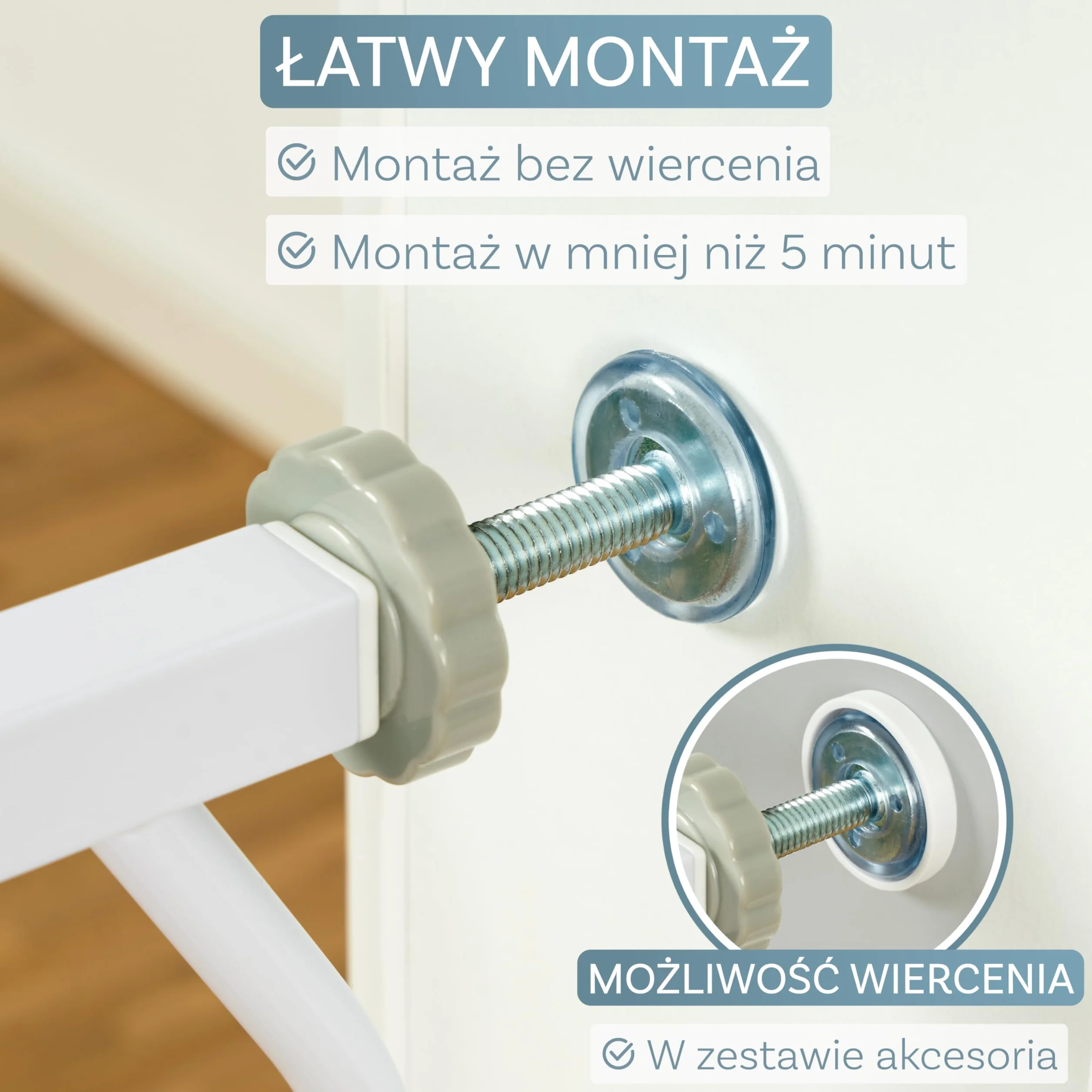 ib style Berrin 75-175 bramka ochronna na drzwi - bramka na schody dla dzieci, samozamykająca się, nie wymaga wiercenia, bezpieczna dla dzieci, 150-160 cm, biało-szara