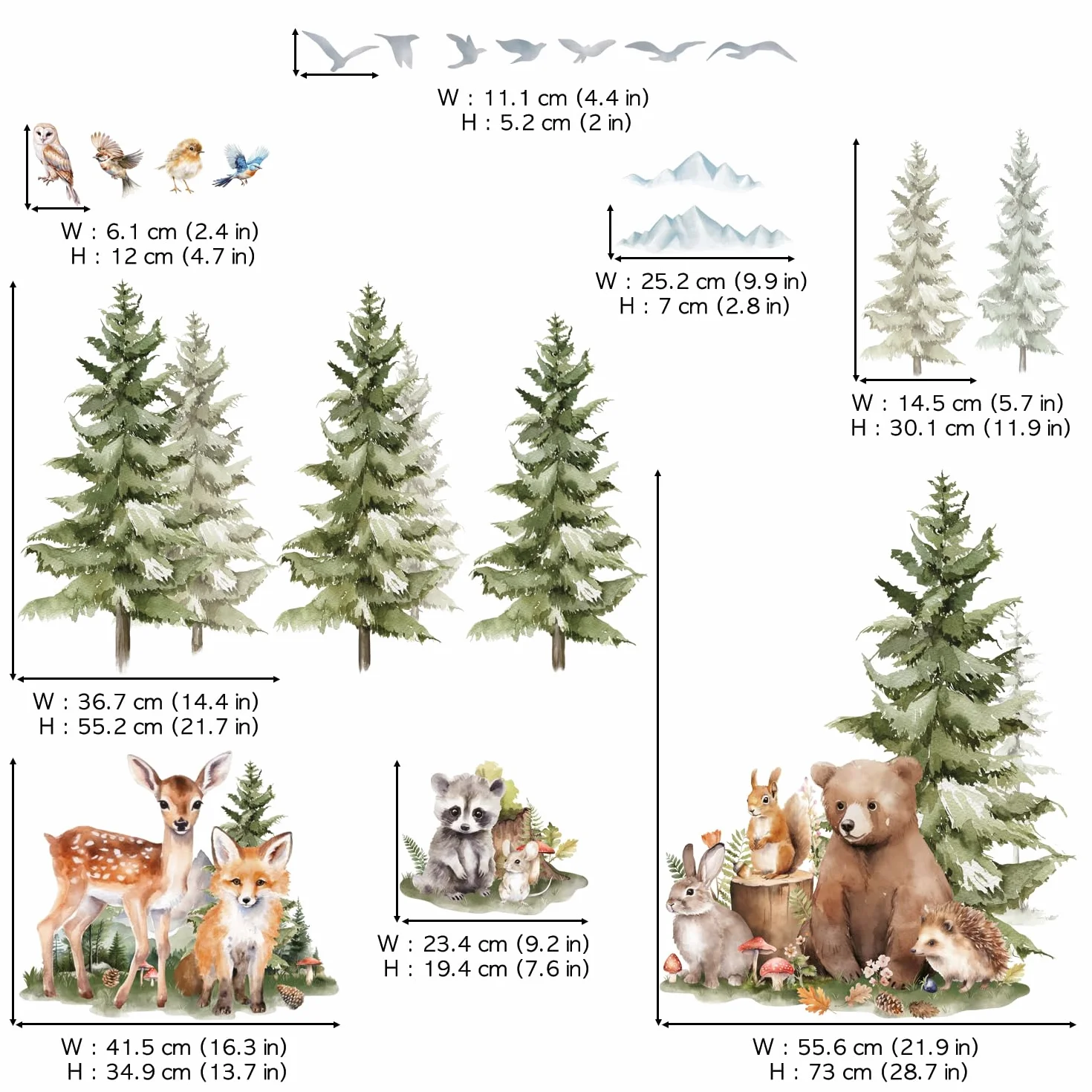 DECOWALL SG4-2422 Naklejki ścienne z sosnami i zwierzętami leśnymi Las górski Zwierzęta leśne Jeleń Lis Naklejki ścienne Przytulny pokój dla dzieci Przedszkole Sypialnia Wystrój pokoju zabaw