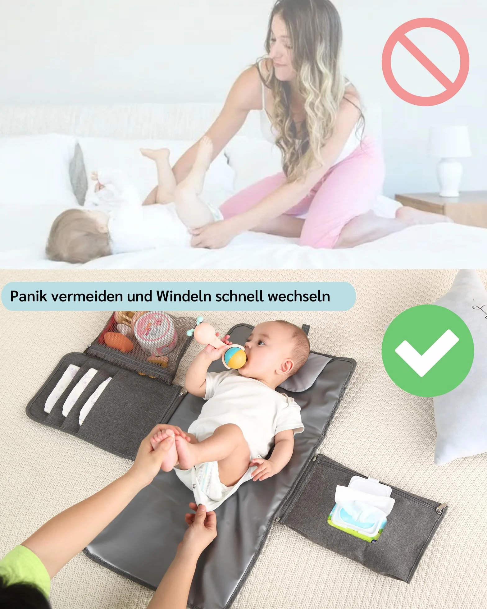 Podkładka do przewijania w podróży, torba na pieluchy z przegródkami, poduszką pod głowę i wyjmowanym organizerem na wilgotne chusteczki, wodoszczelna, składana mata do przewijania, zmywalny organizer