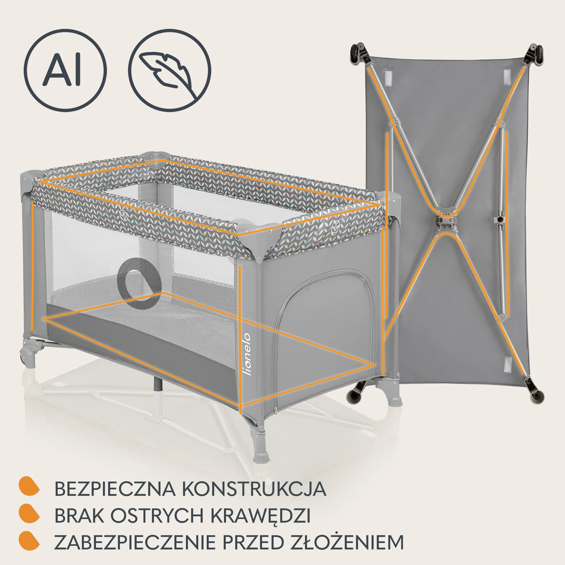Lionelo Stefi 2 w 1 łóżeczko turystyczne, łóżko dziecięce z przewijakiem, przewiewne ścianki, system LockGuard, łóżeczko przenośne do 15 kg, składane, torba transportowa