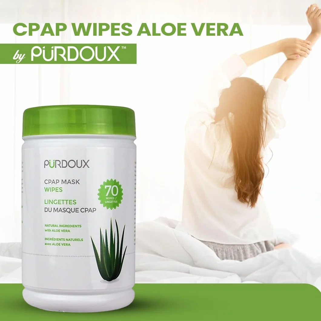 PÜRDOUX ™ CPAP maska chusteczki, aloes, kanister 70 chusteczek nawilżanych