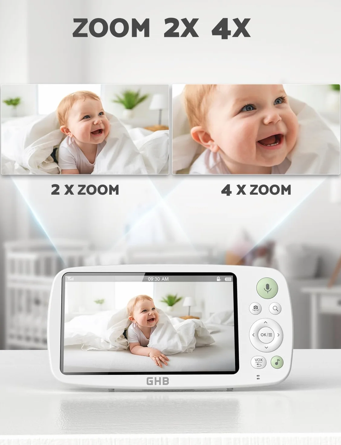 GHB Babyfoon met Camera 5 inch HD 1080P 4000 mAh-accu 24/7 VOX-modus 4x Zoom Tweerichtingsgesprek Nachtzicht Bereik 300 meter
