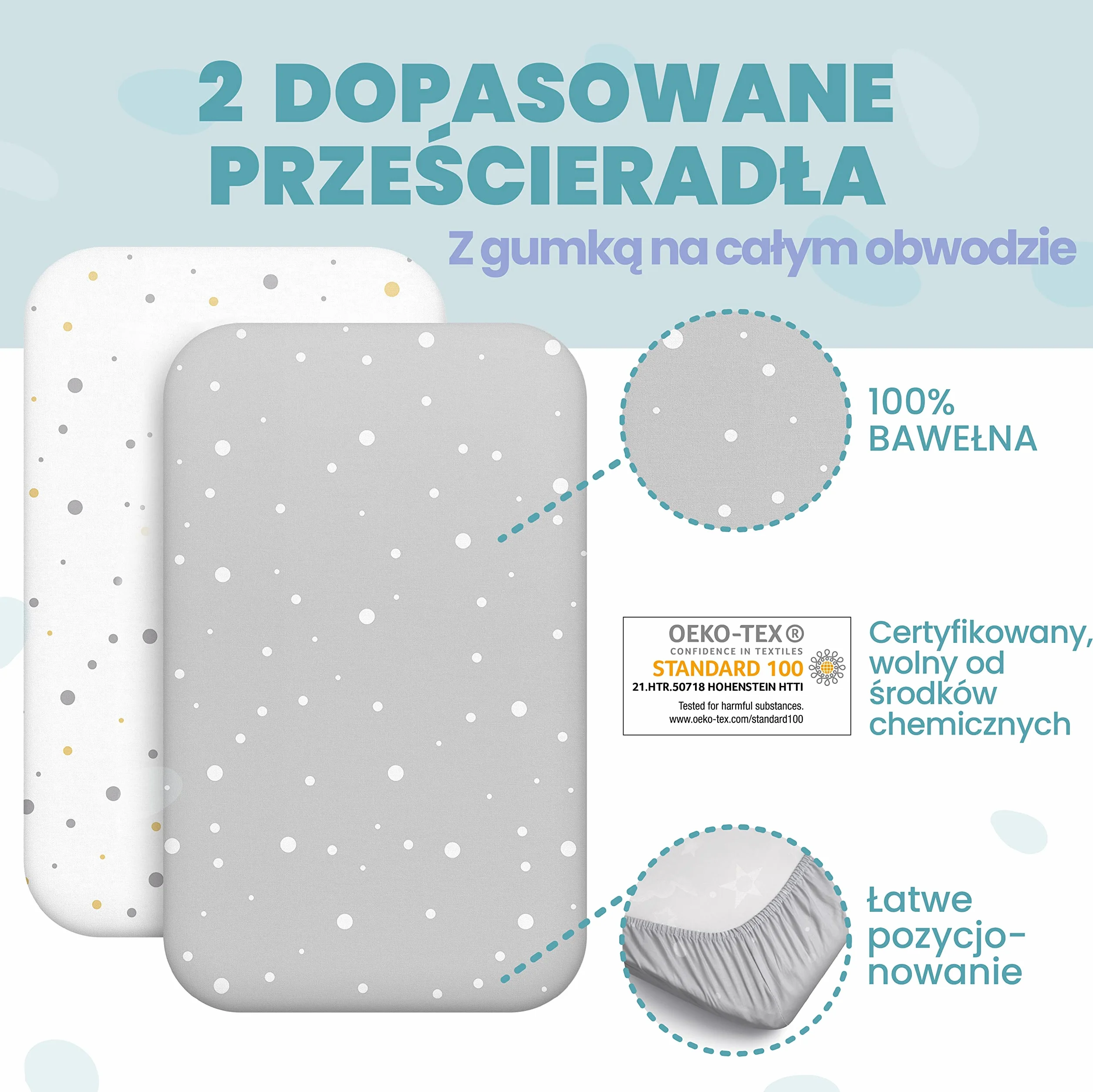 Zestaw 2 x 100% Bawełniane Prześcieradła z Gumką - 1 x 100% Wodoodporny Pokrowiec na Materac - Zestaw 3-55x90cm - Szary