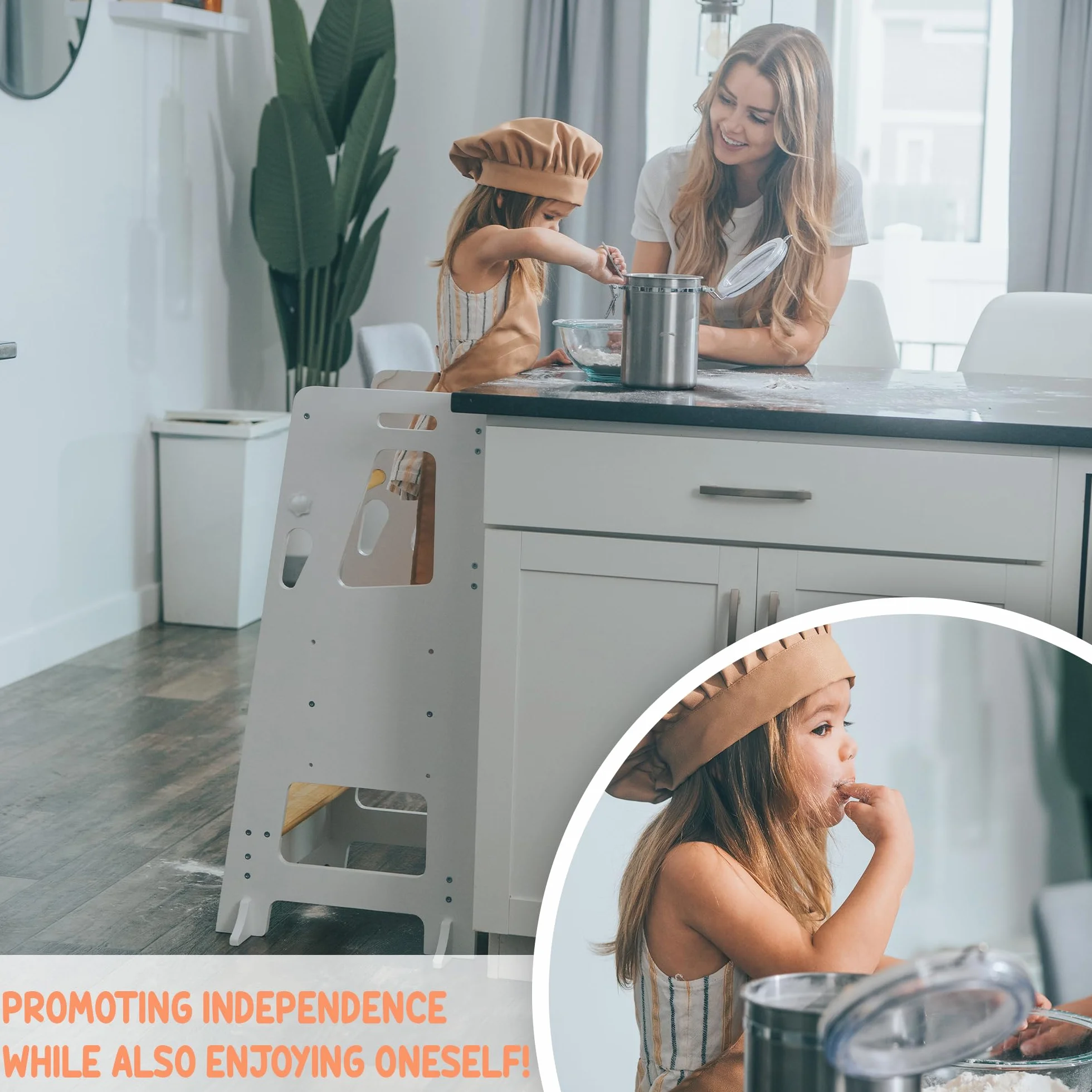 Bey&Co® Drewniana wieża edukacyjna Montessori - wieża budząca dla dzieci - 3 regulowane wysokości, powierzchnia antypoślizgowa, nóżki zapobiegające przechyleniu metodą Montessori - od 12 miesięcy